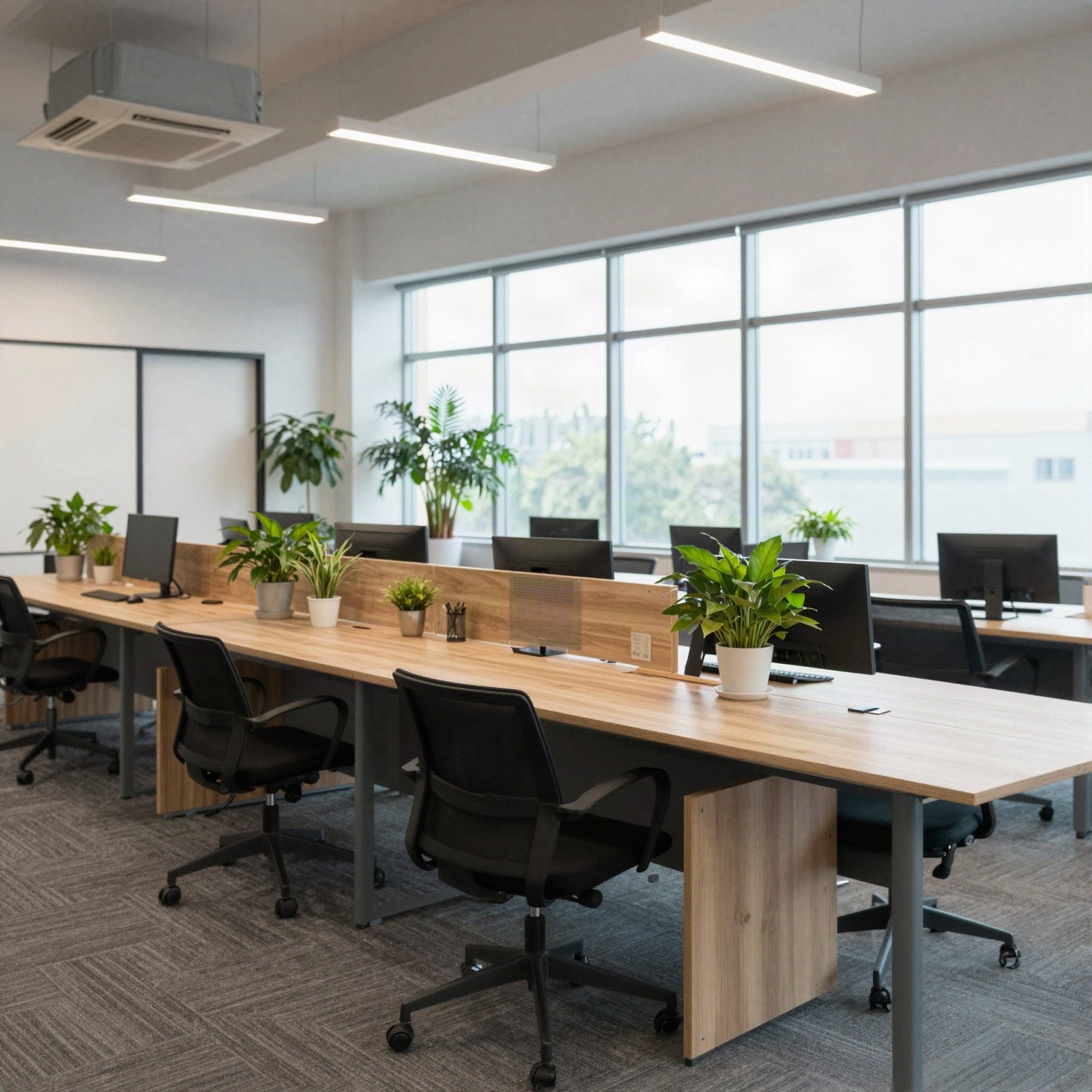 Bright agency office with long wooden desks and plants