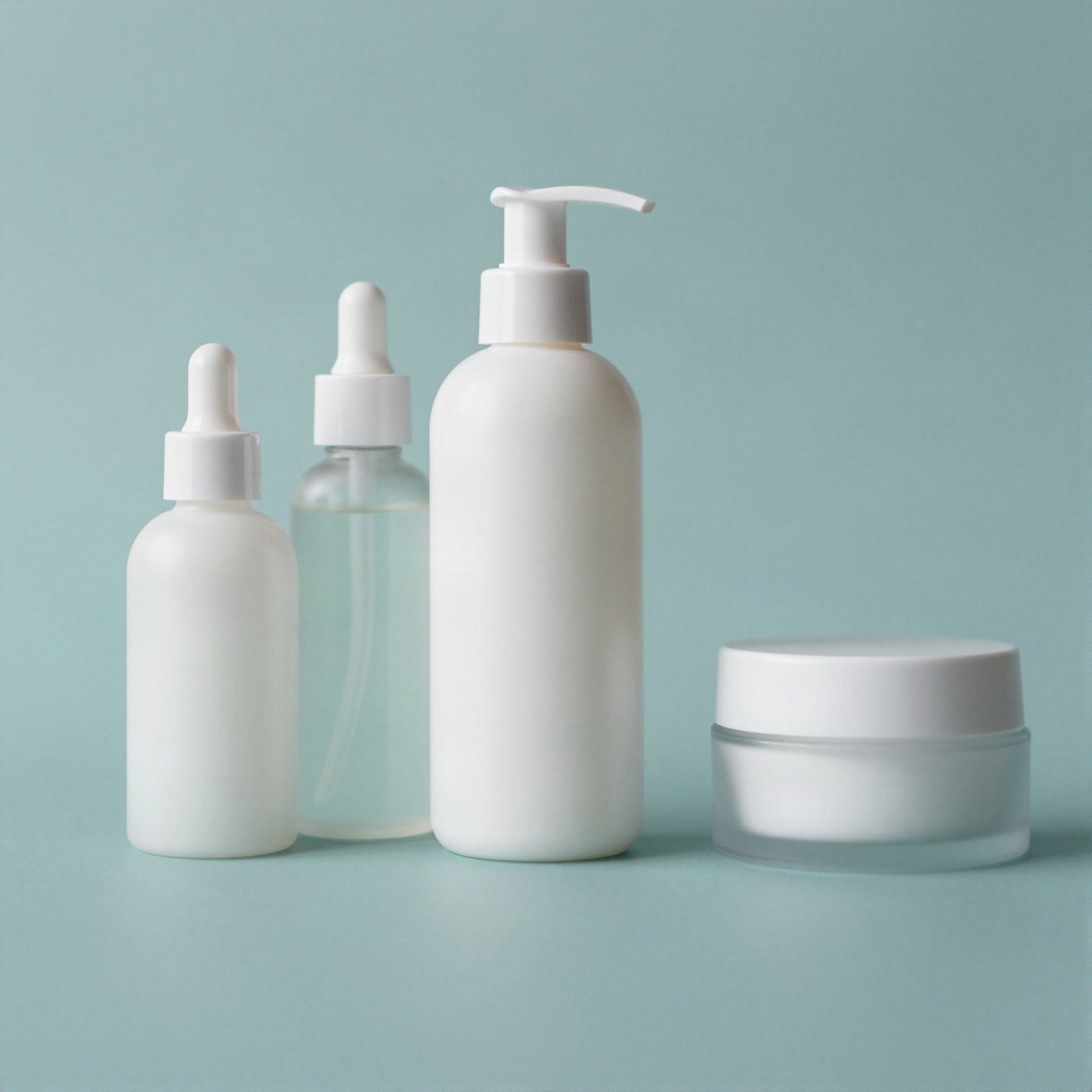 Unlabelled skincare bottles and a cream jar on a teal background