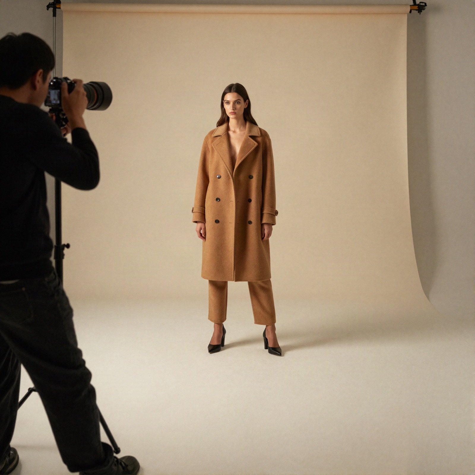 Photographer shooting a model in a camel coat in a studio