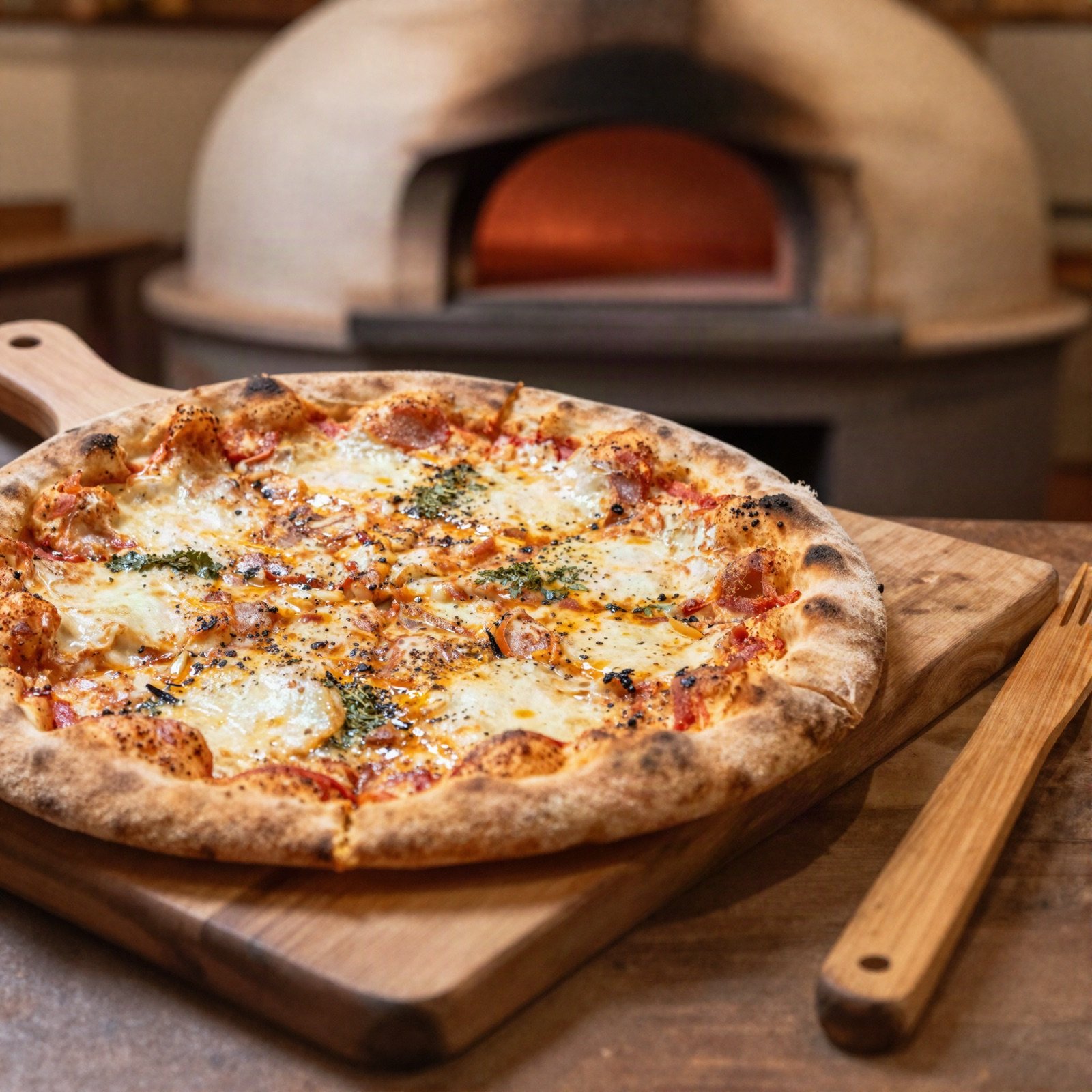 Wood-fired pizza on a board in front of a pizza oven
