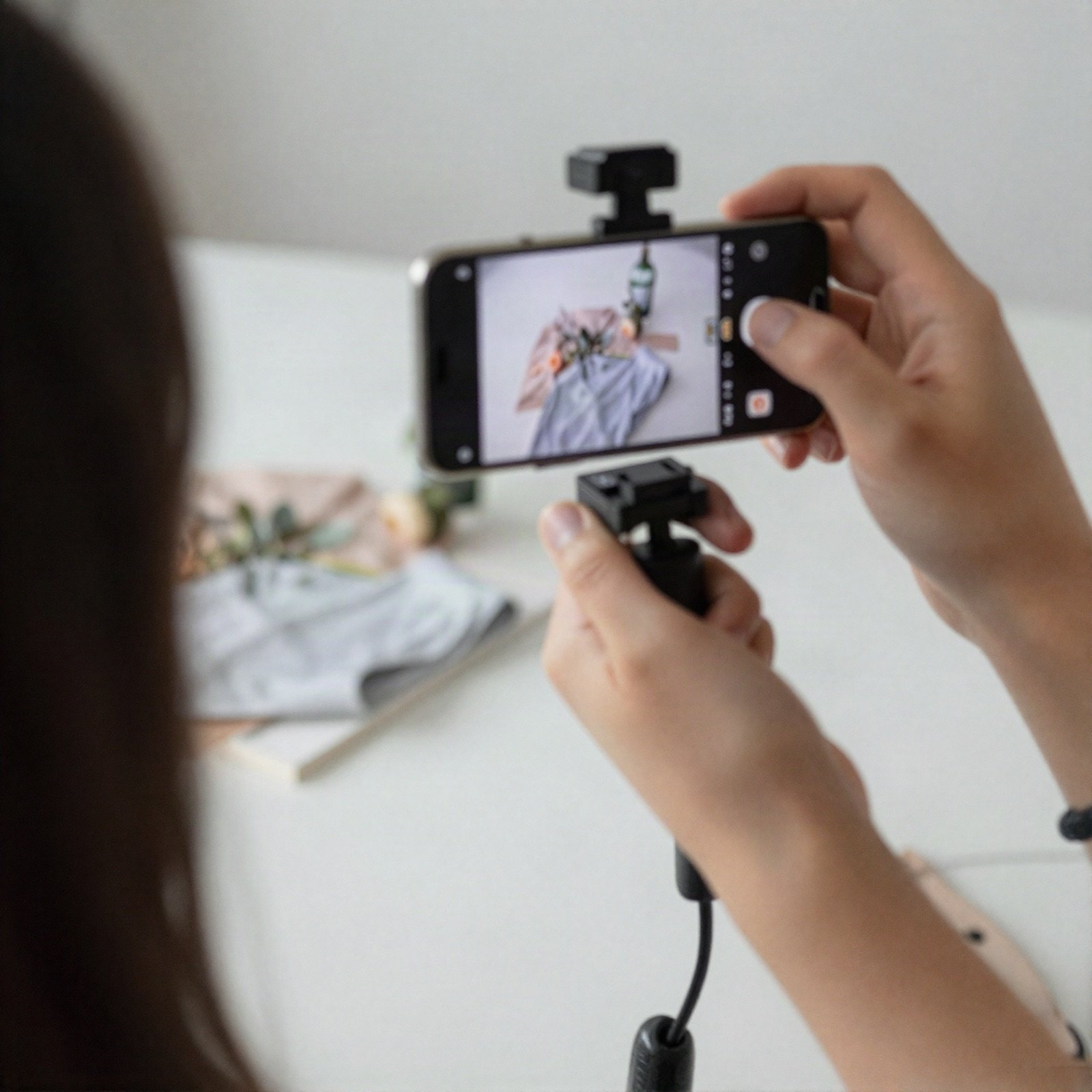 Content creator filming a styled flat lay with a smartphone