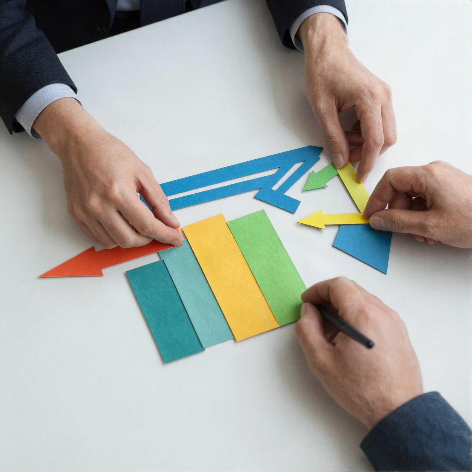 Hands arranging colourful paper chart shapes and arrows