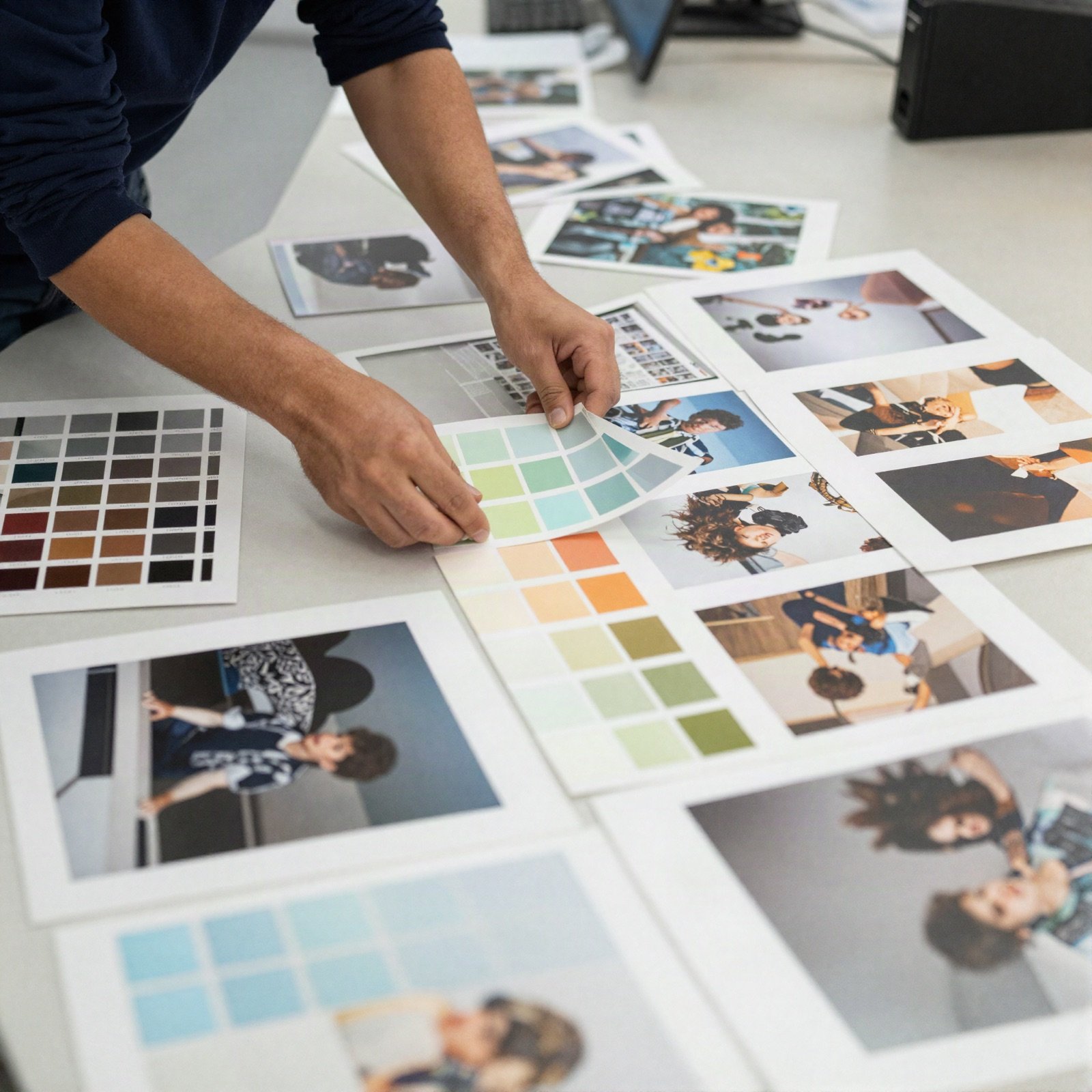 Art director arranging colour swatches and mood board photos