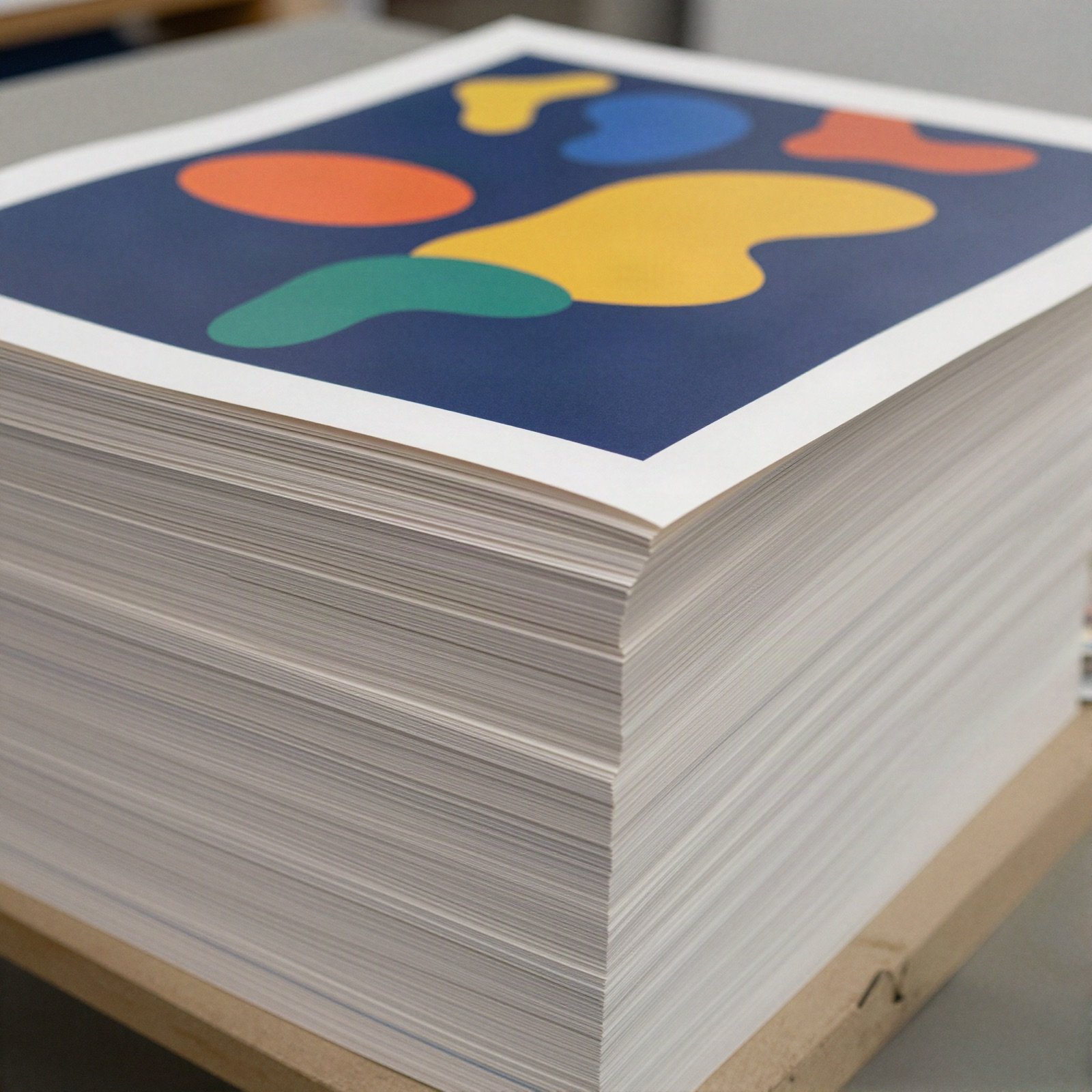 Stack of freshly printed posters with abstract colour shapes