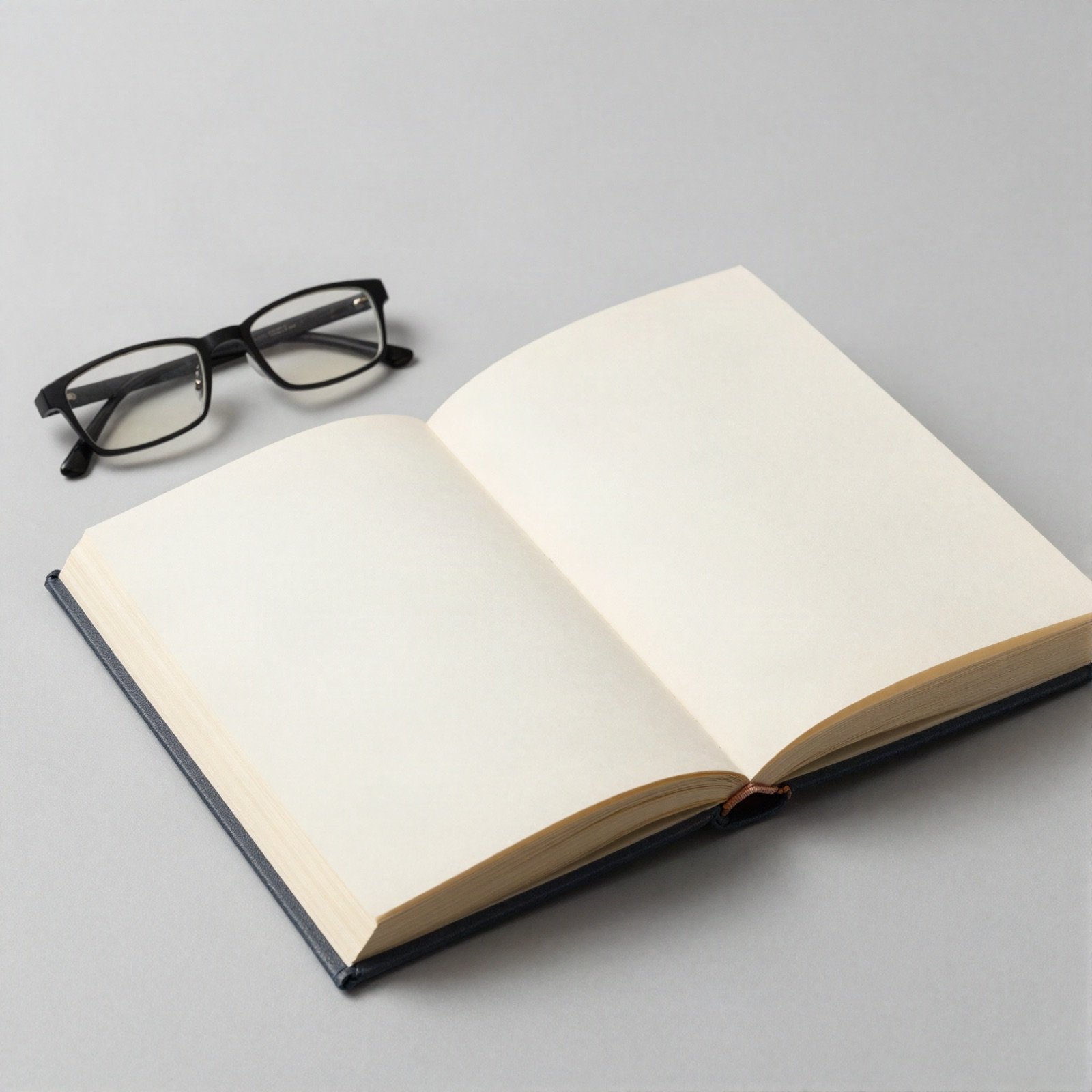 An open hardcover book with reading glasses beside it
