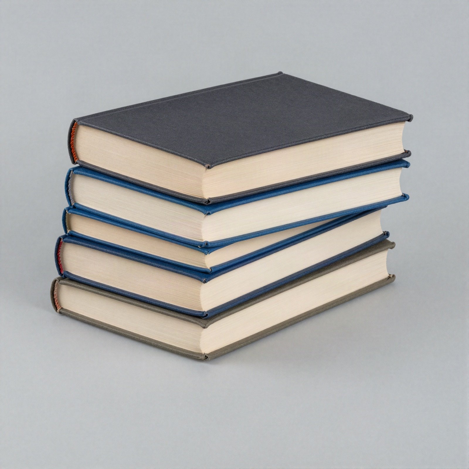 A stack of hardcover books in navy, blue and charcoal