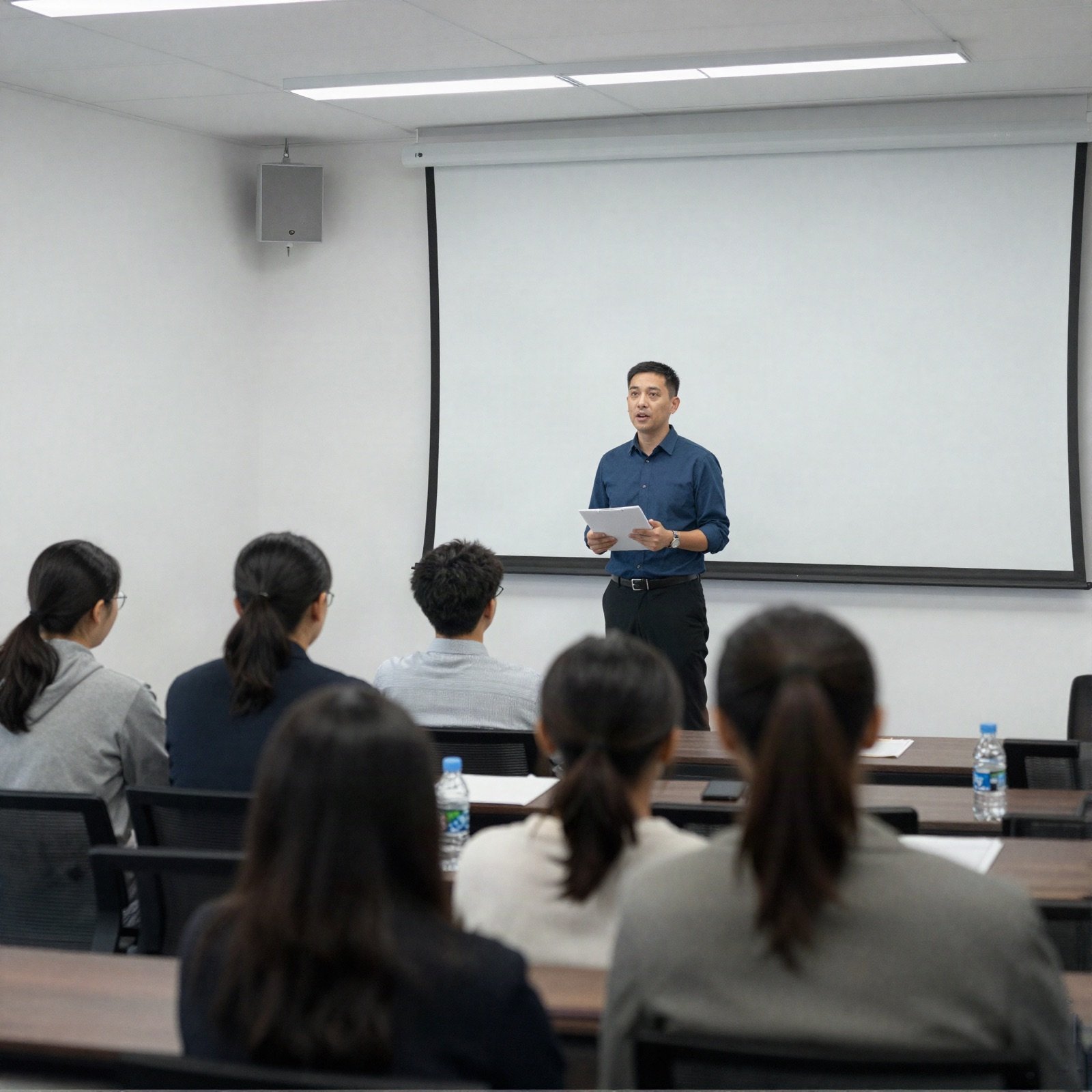 Speaker rehearsing a talk in front of a small group in a conference room