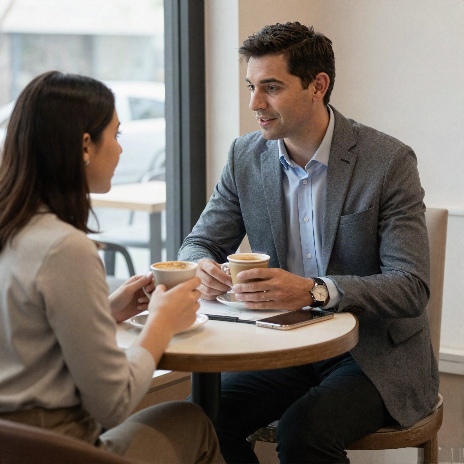 Mentor and young woman talking over coffee at a cafe table