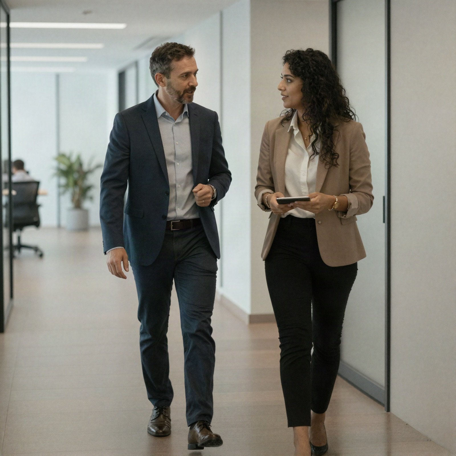Mentor walking and talking with a younger manager in an office corridor
