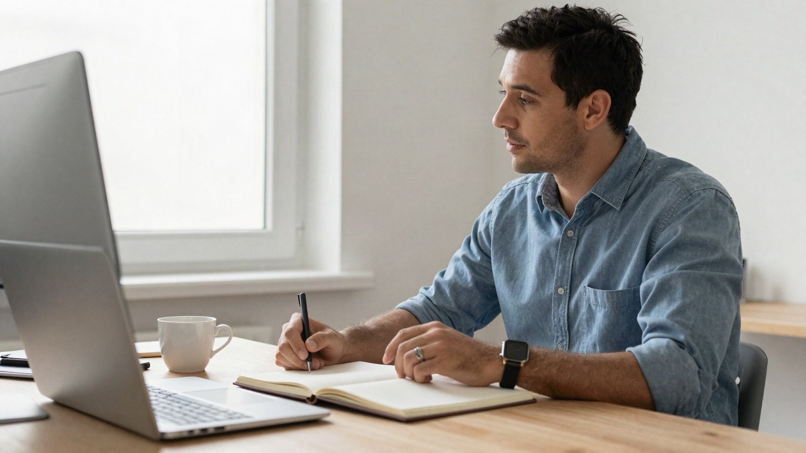 Man planning in a notebook at a bright home office desk