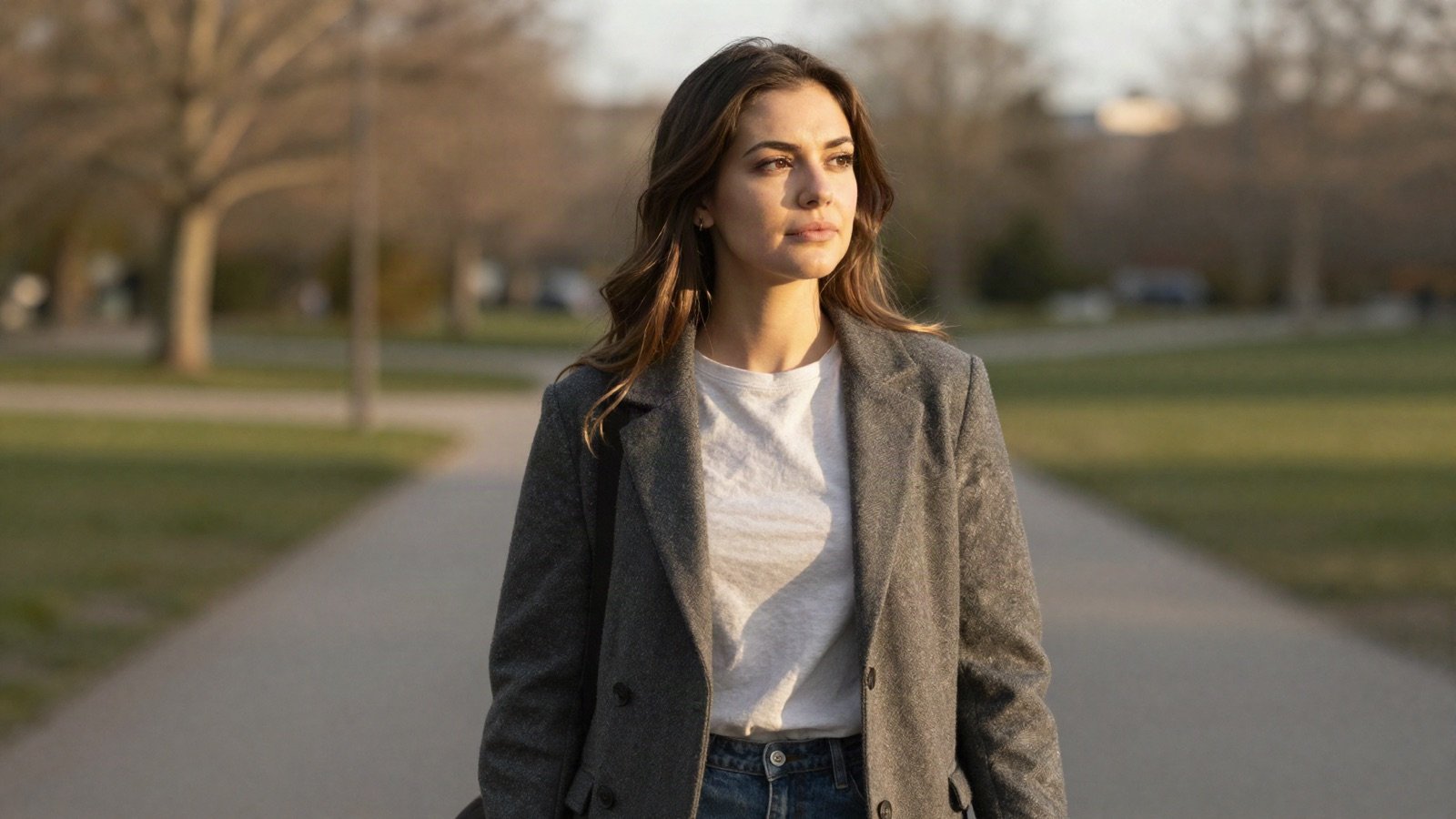Young woman in a park looking thoughtfully into the distance at golden hour