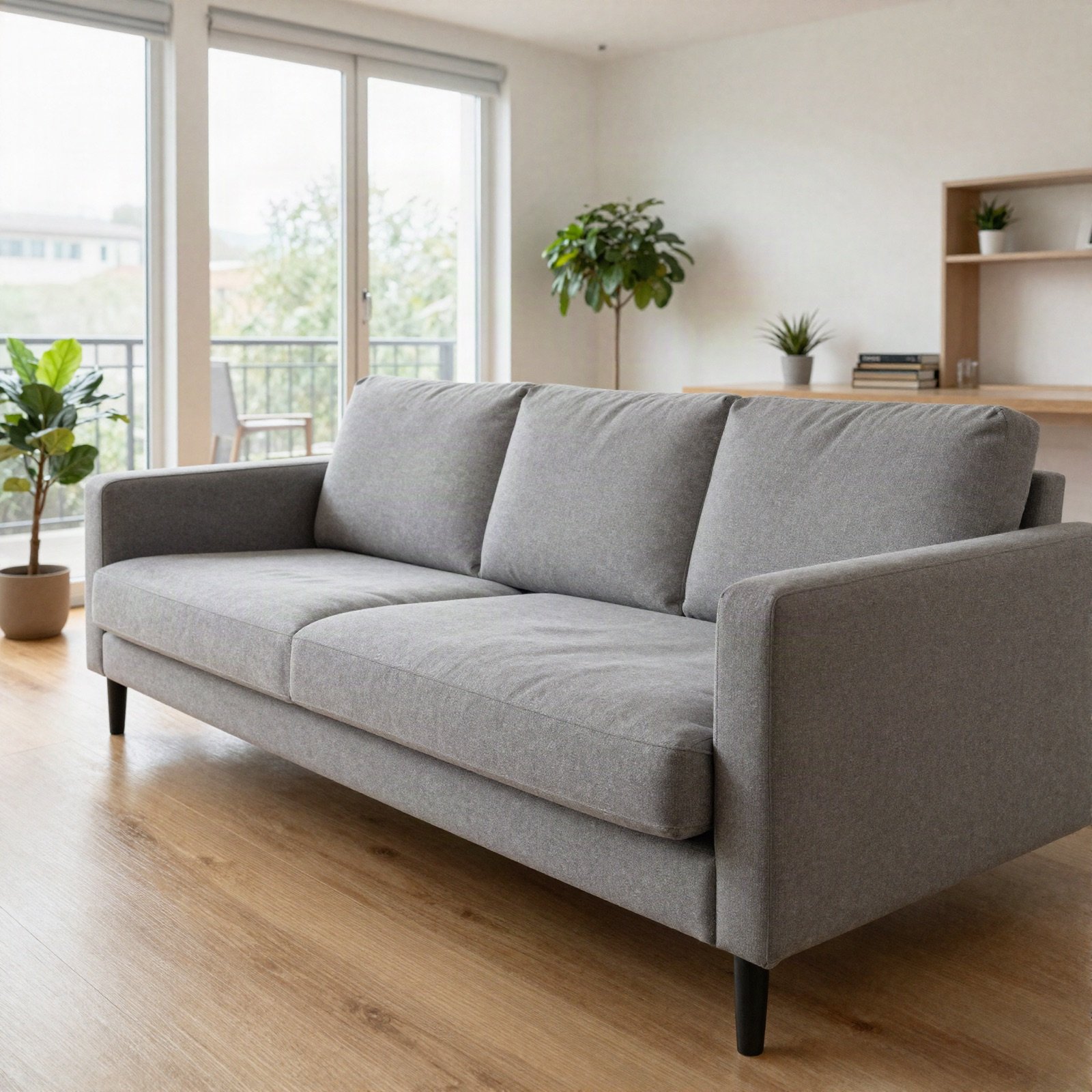 A bright apartment living room with a grey sofa and large windows