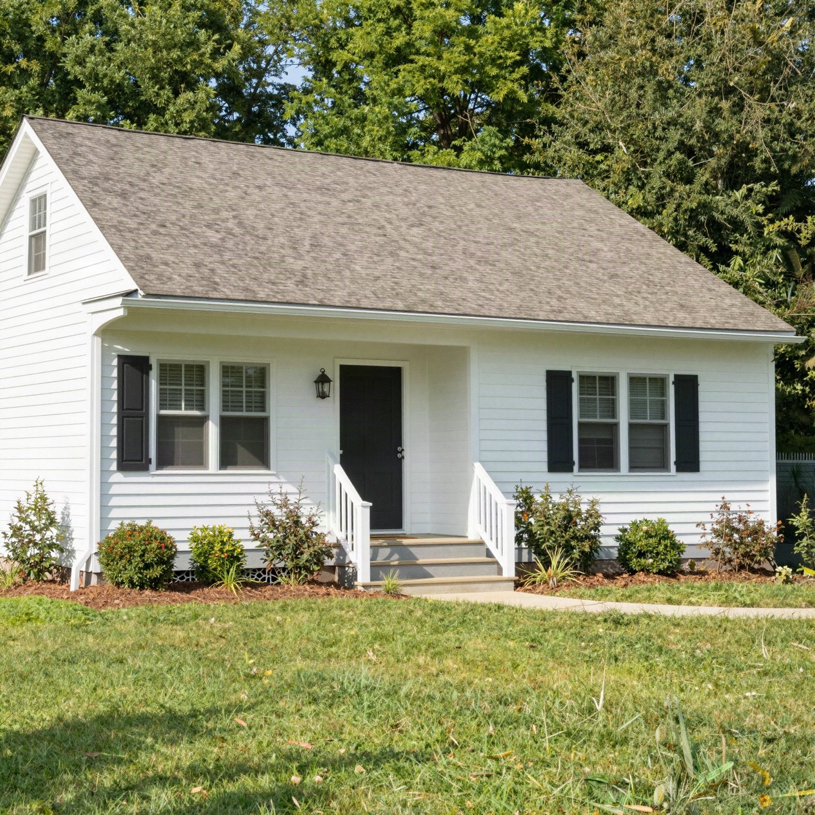 A white family home with a front porch and a green lawn