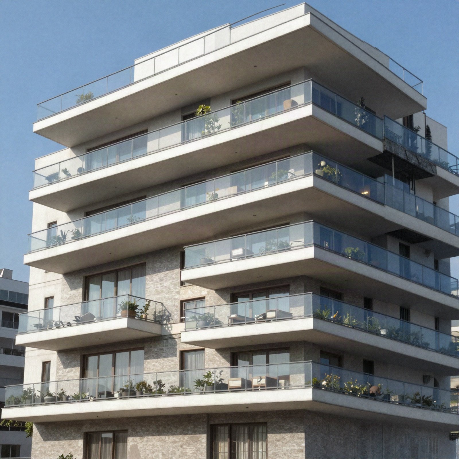 A contemporary apartment building with glass balconies