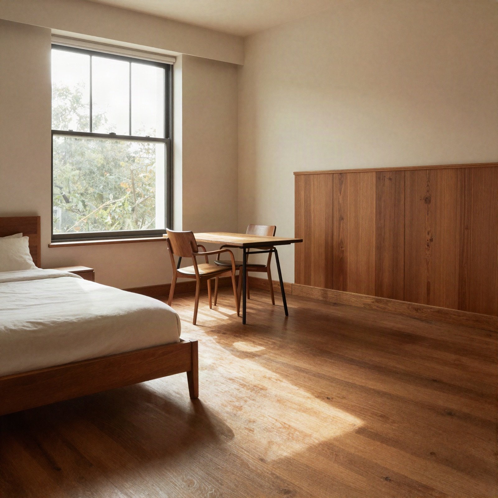A sunlit studio flat with a bed, a small dining table and wood panelling
