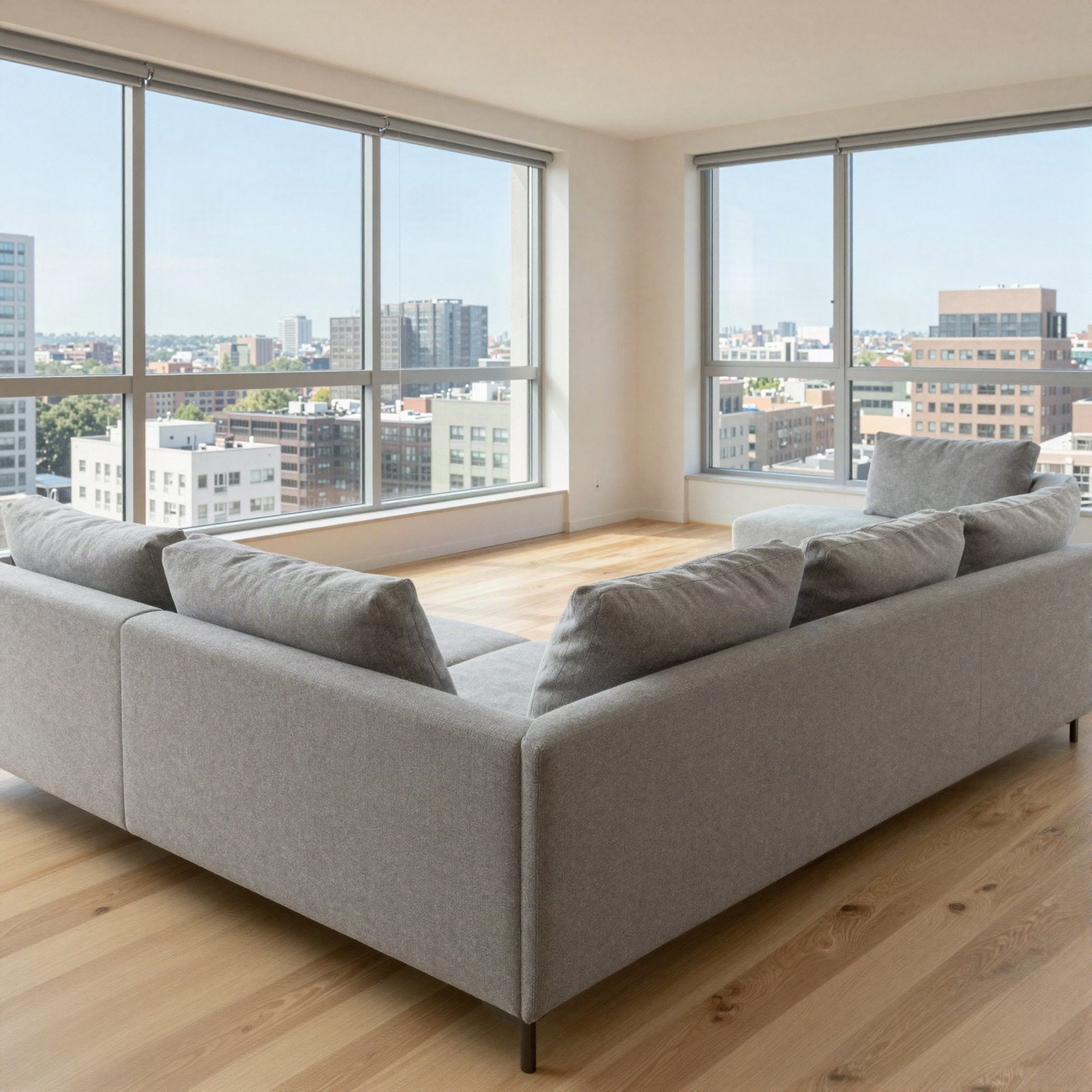 A bright apartment living room with a grey sectional sofa and city views