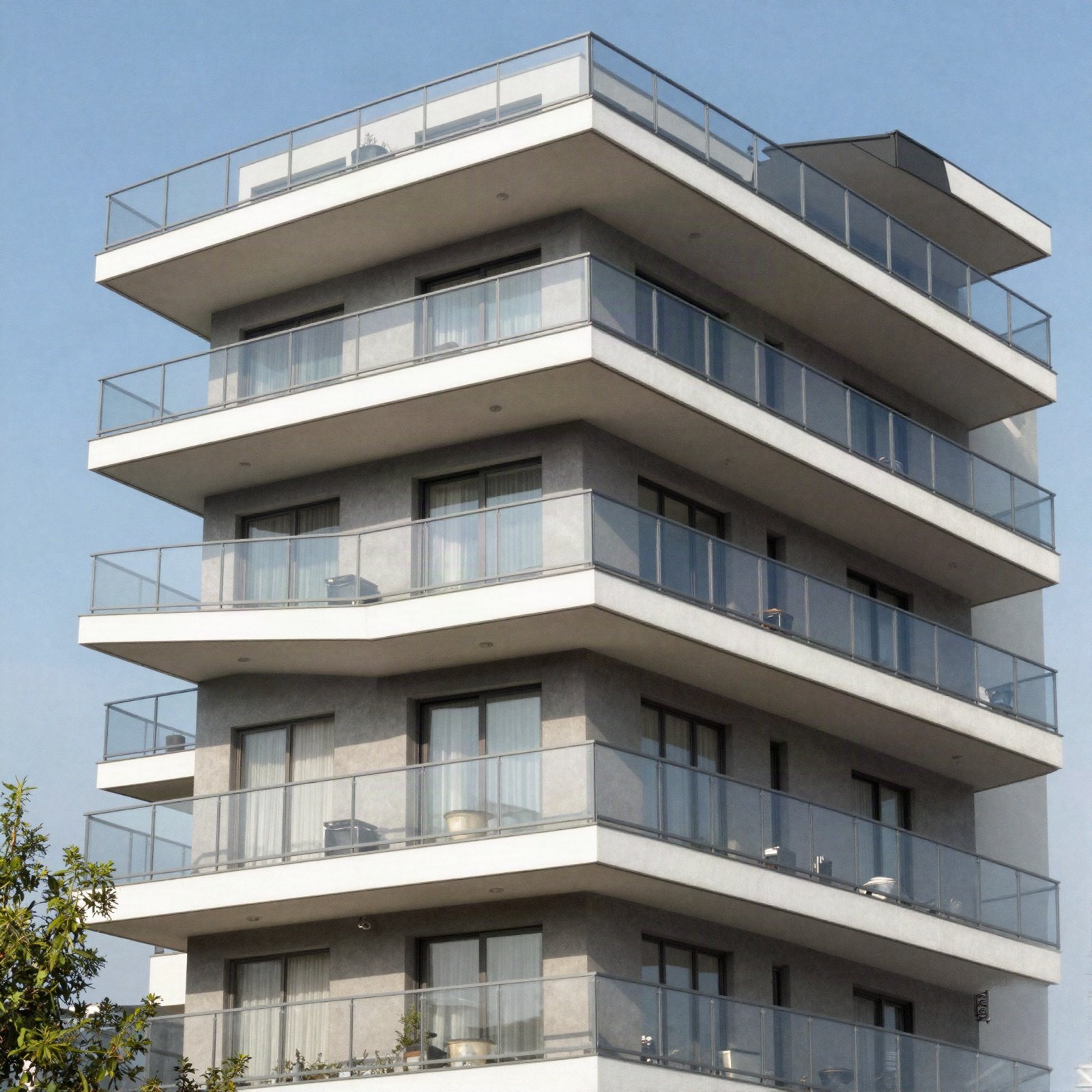 A modern apartment building with glass balconies