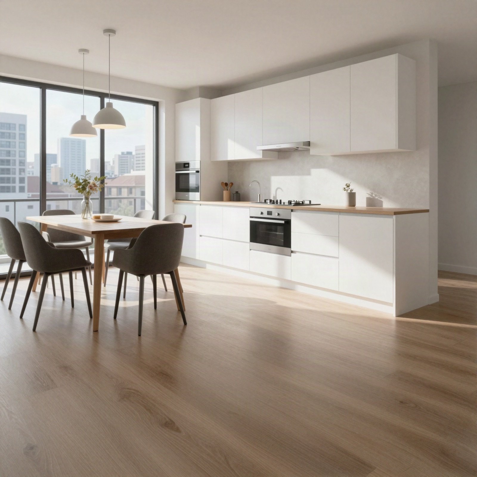 An open-plan apartment kitchen and dining area with white cabinets