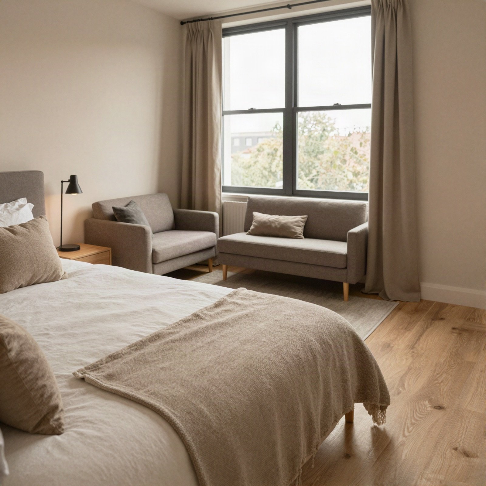 A cosy studio apartment with a bed and two armchairs by the window