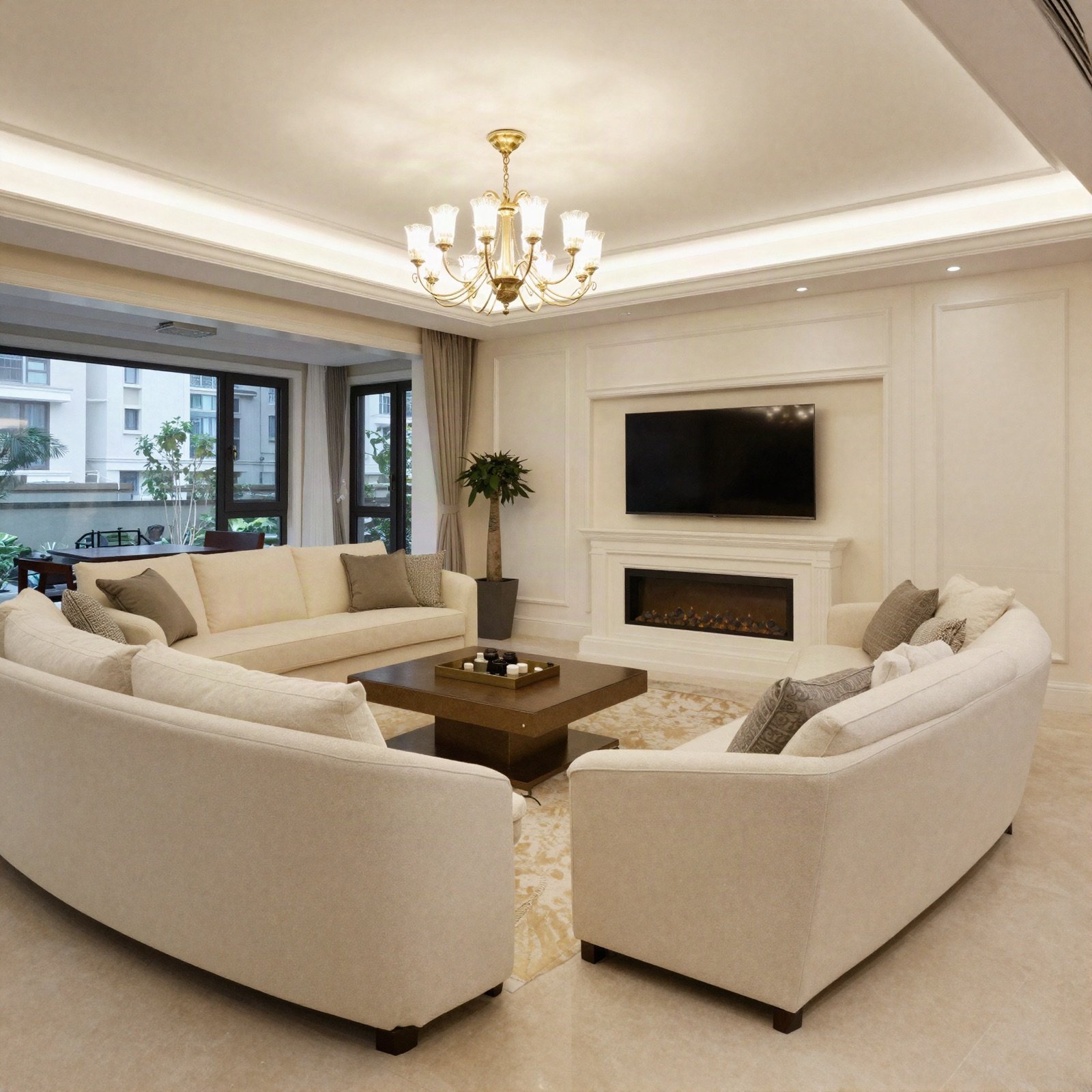 A luxury living room with cream sofas, a fireplace and a chandelier