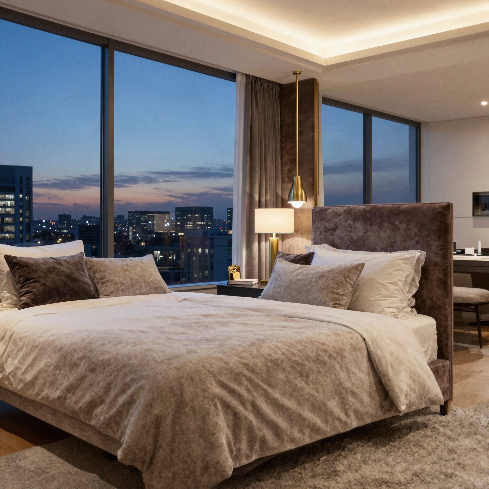 A bedroom with a velvet headboard and floor-to-ceiling windows over the city at dusk