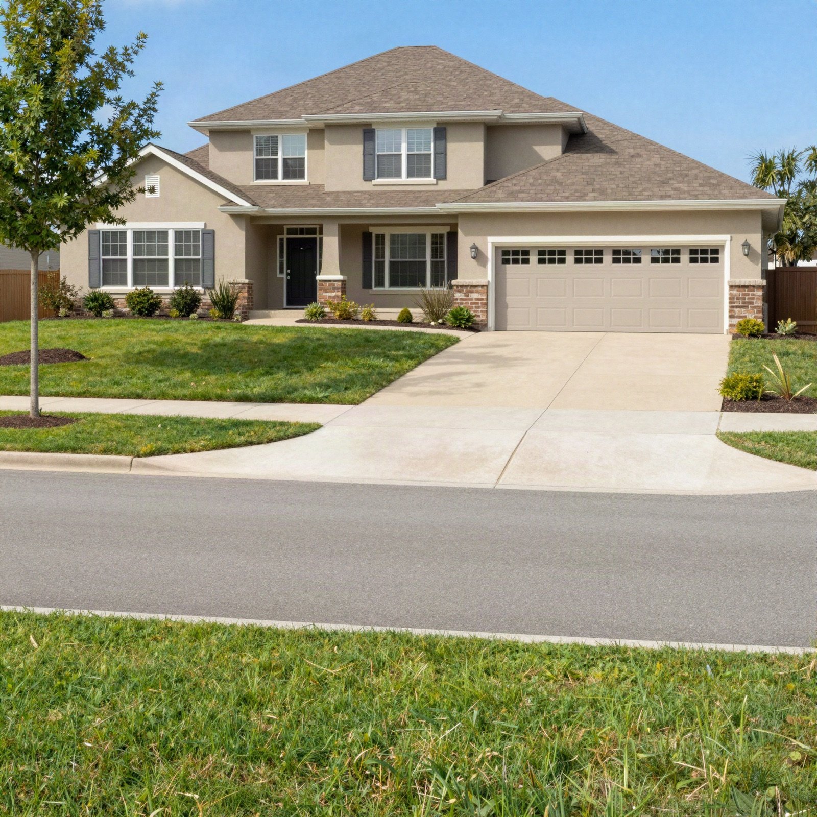 A two-storey suburban house with a lawn and a double garage