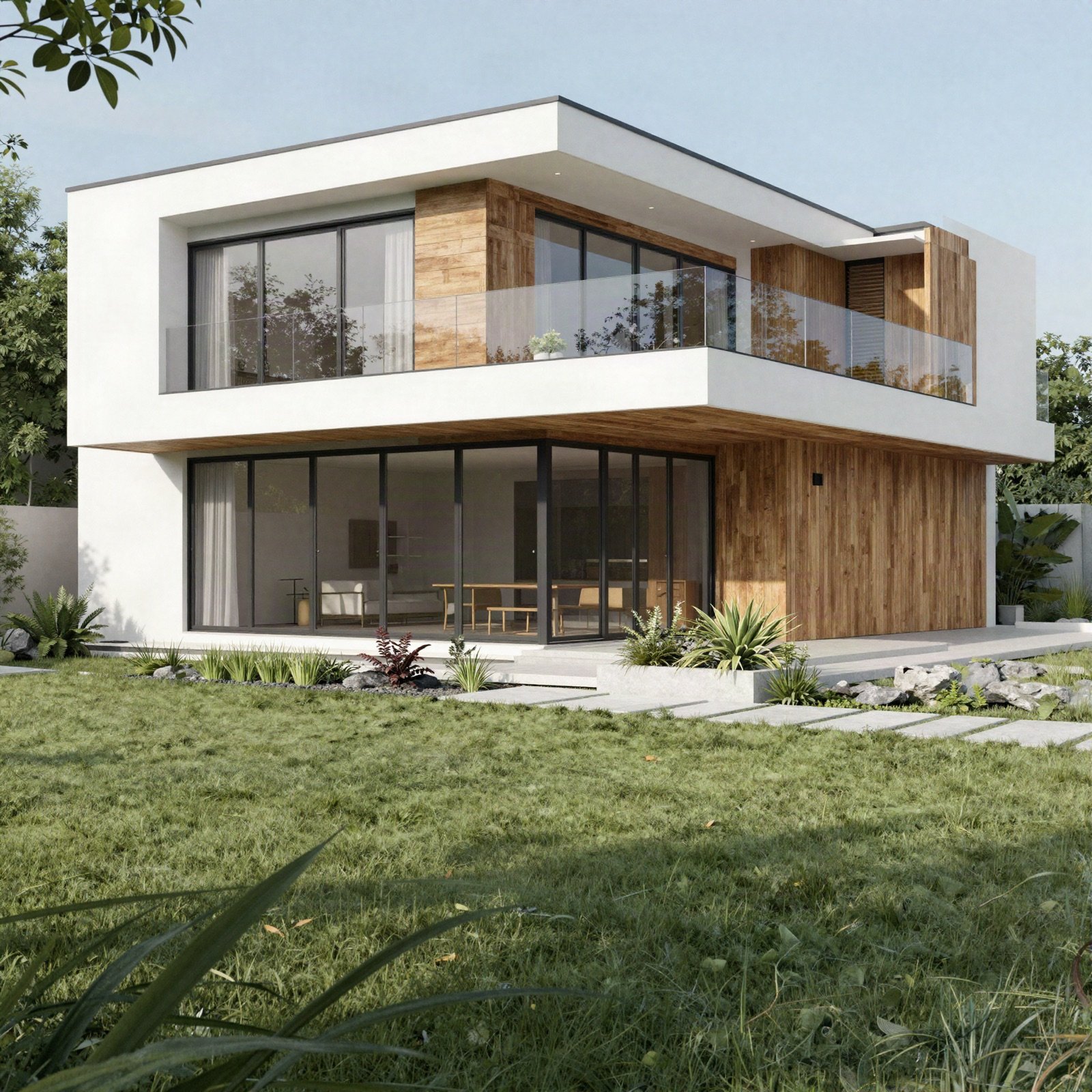 A modern white house with wood cladding and large windows