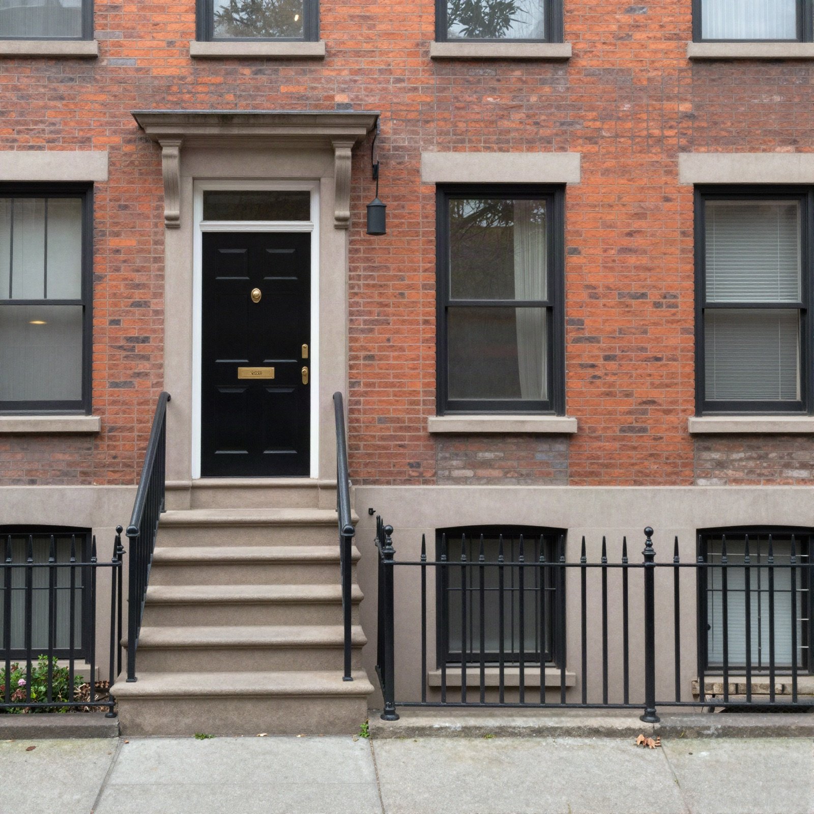 A brick townhouse with front steps and a black door