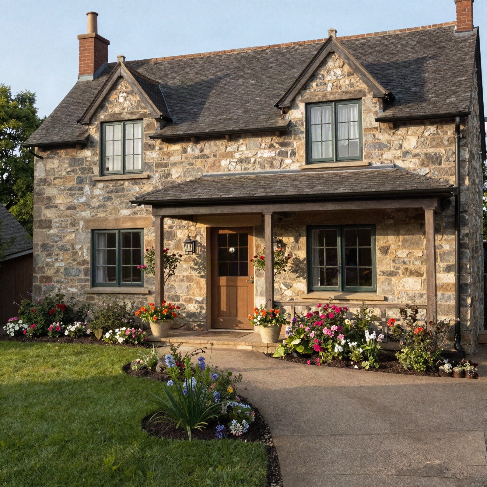 A stone cottage with a porch and flower beds
