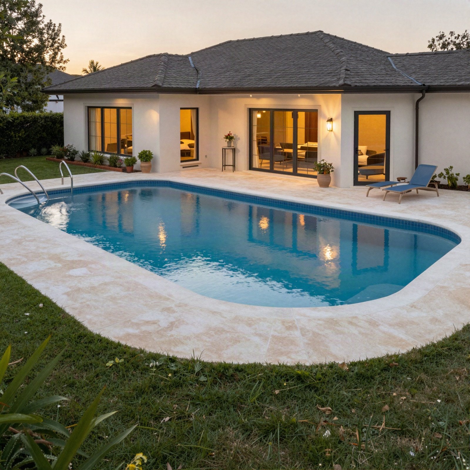 A family home with a swimming pool at golden hour