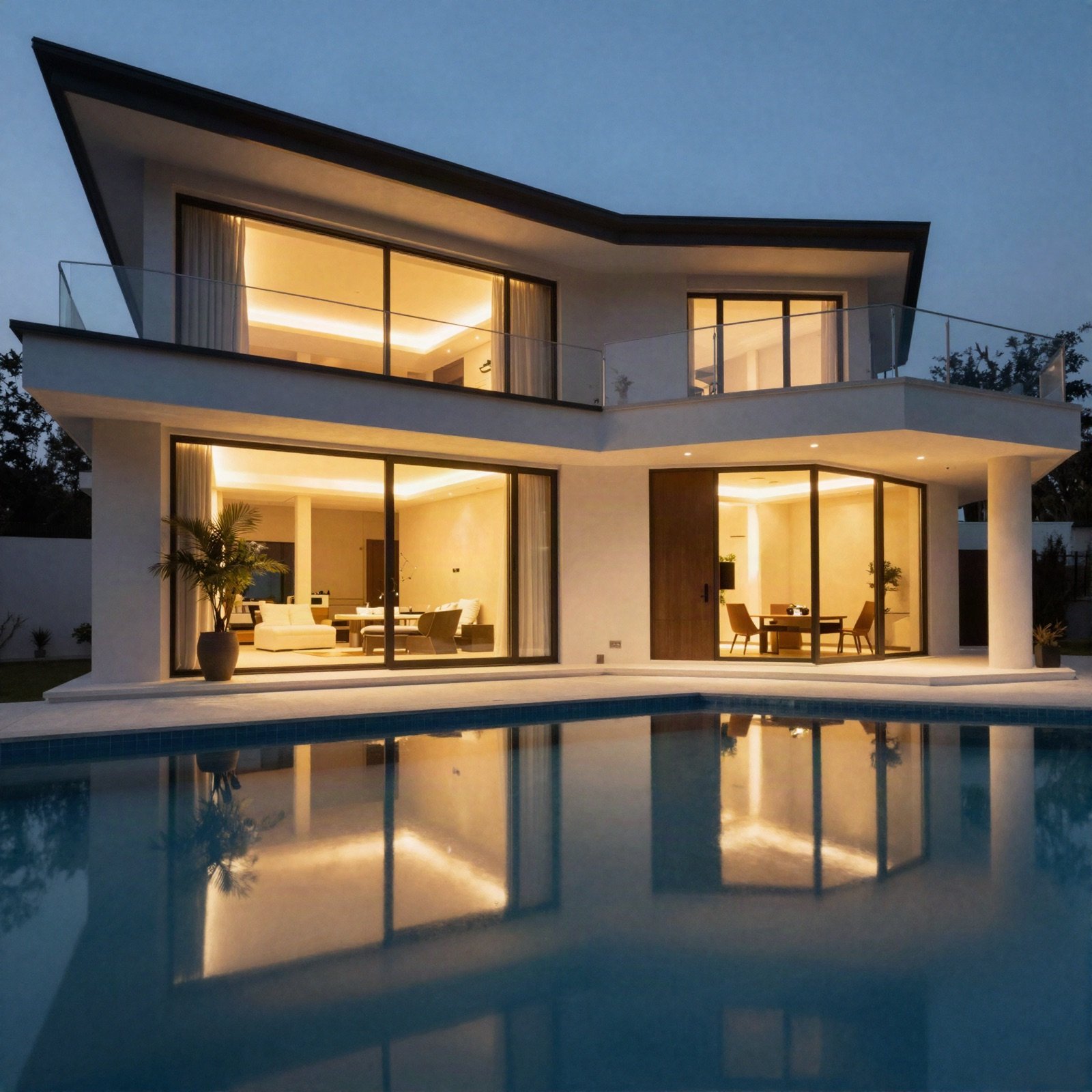 A contemporary villa lit up at dusk behind a pool