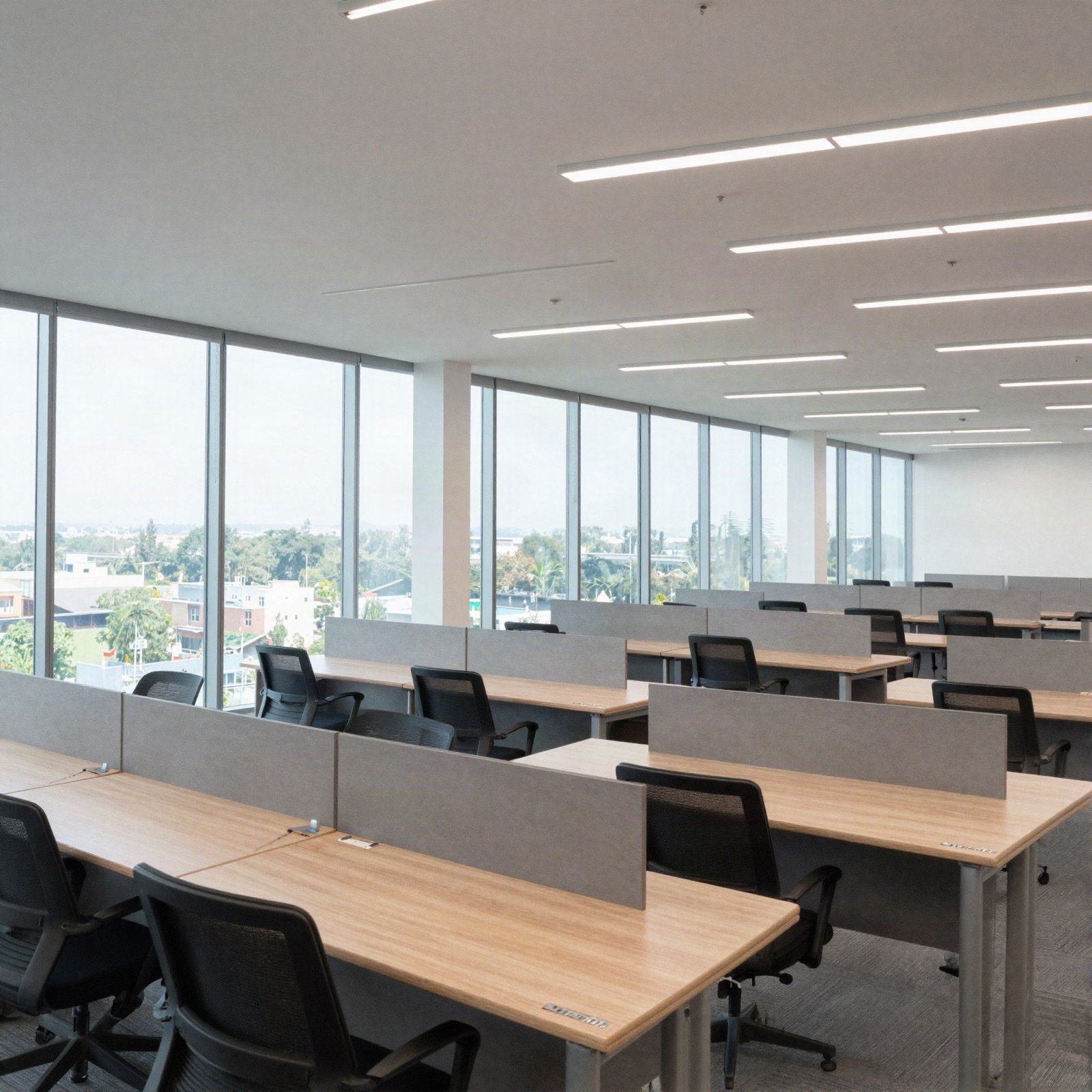 An open-plan office with rows of desks and tall windows