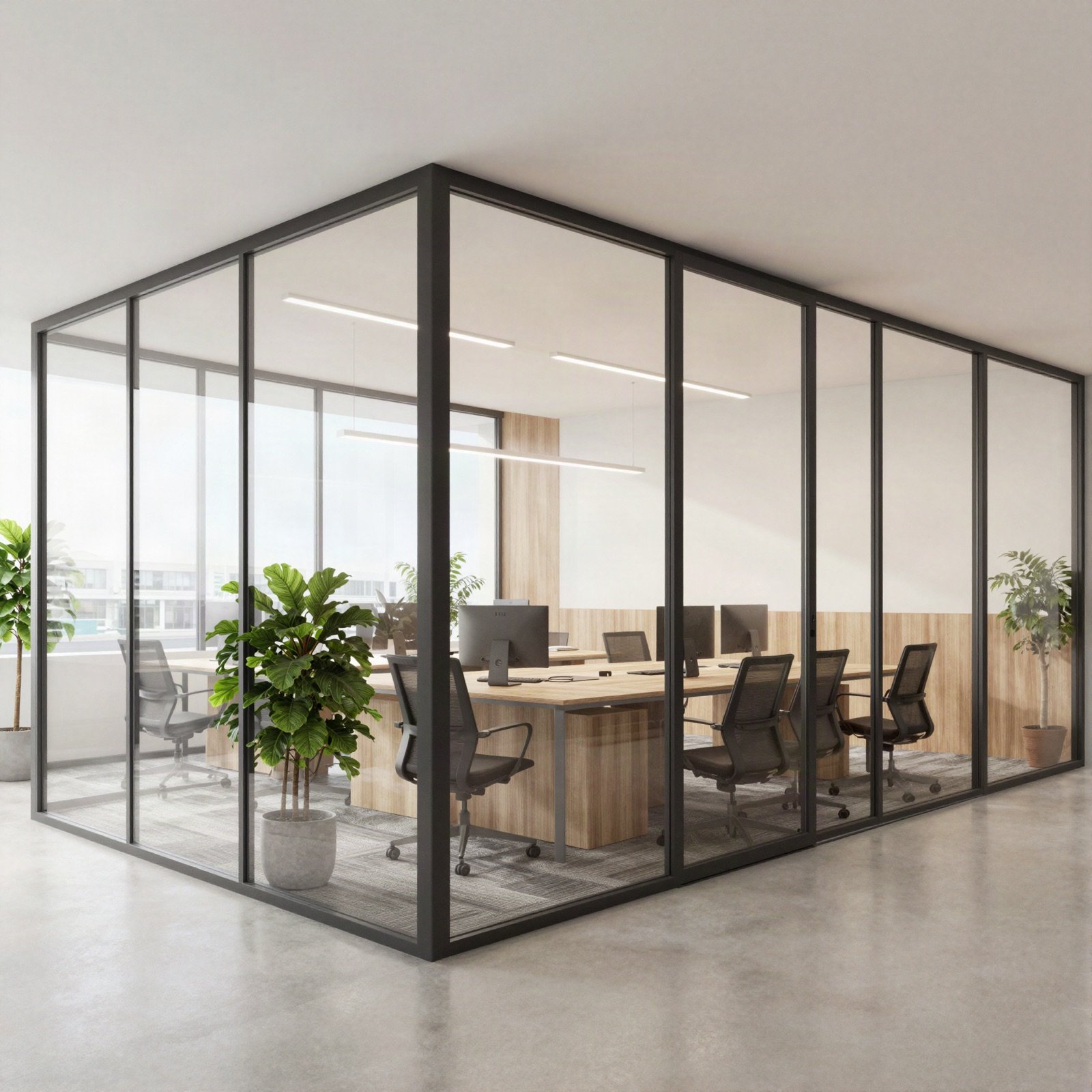 A modern office with glass-walled meeting rooms and plants