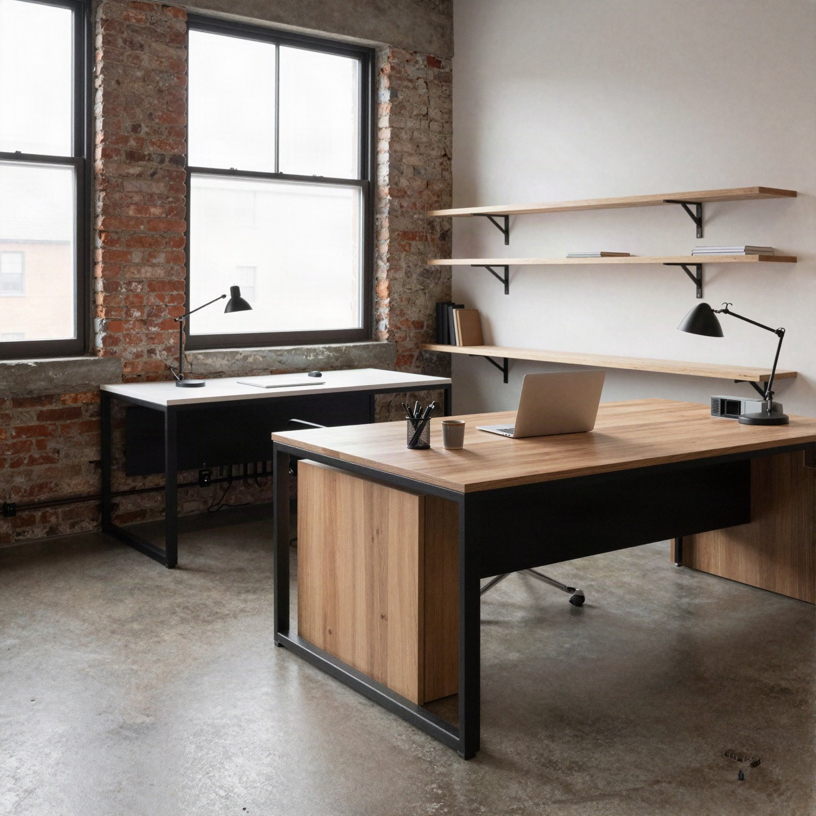 A loft studio office with exposed brick and two desks