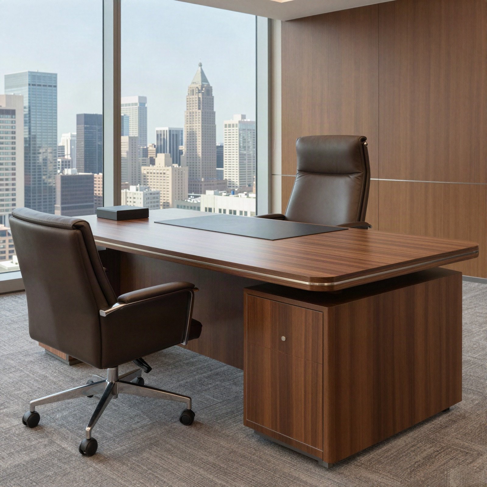 An executive office with a walnut desk and city views