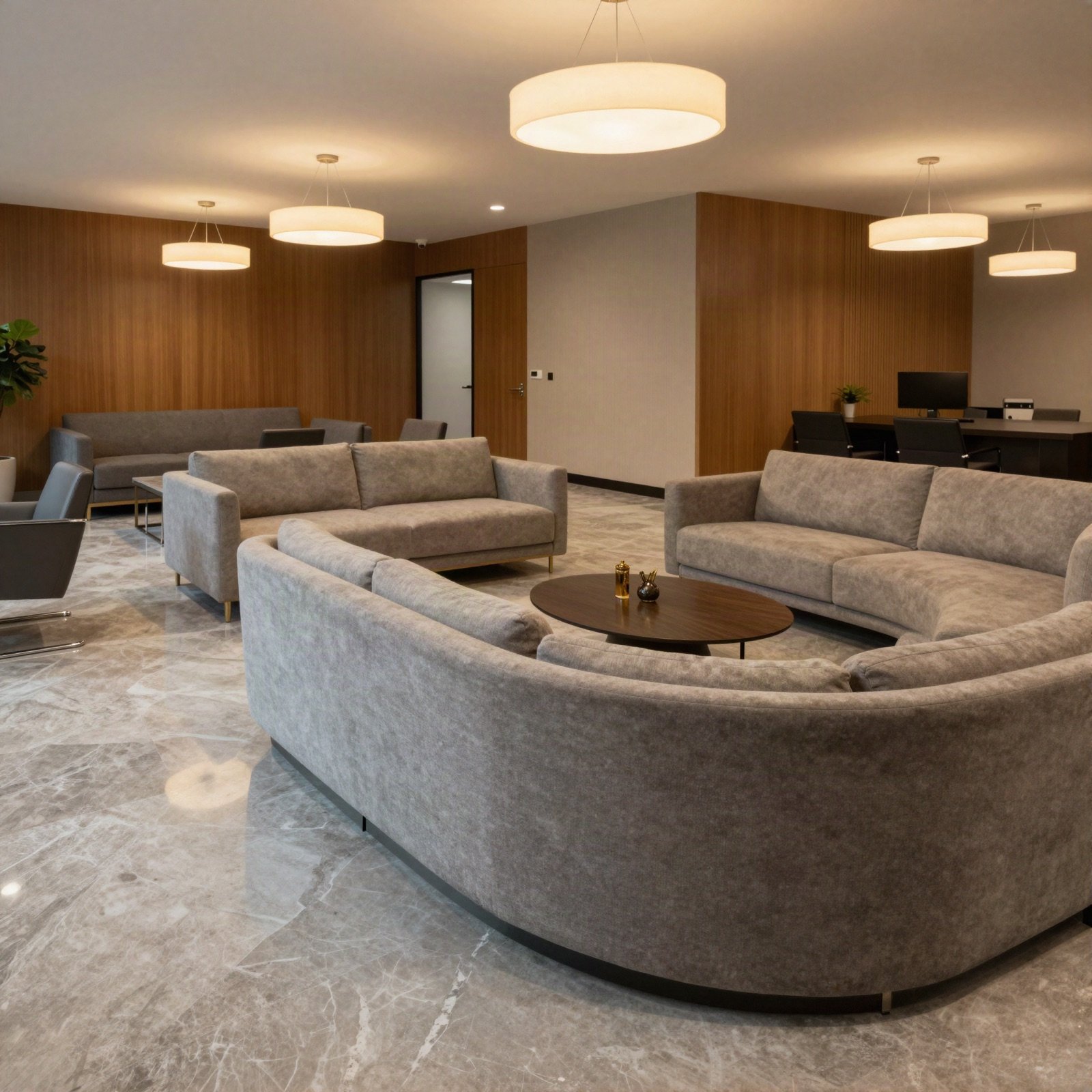 An office lounge with marble floors and grey sofas