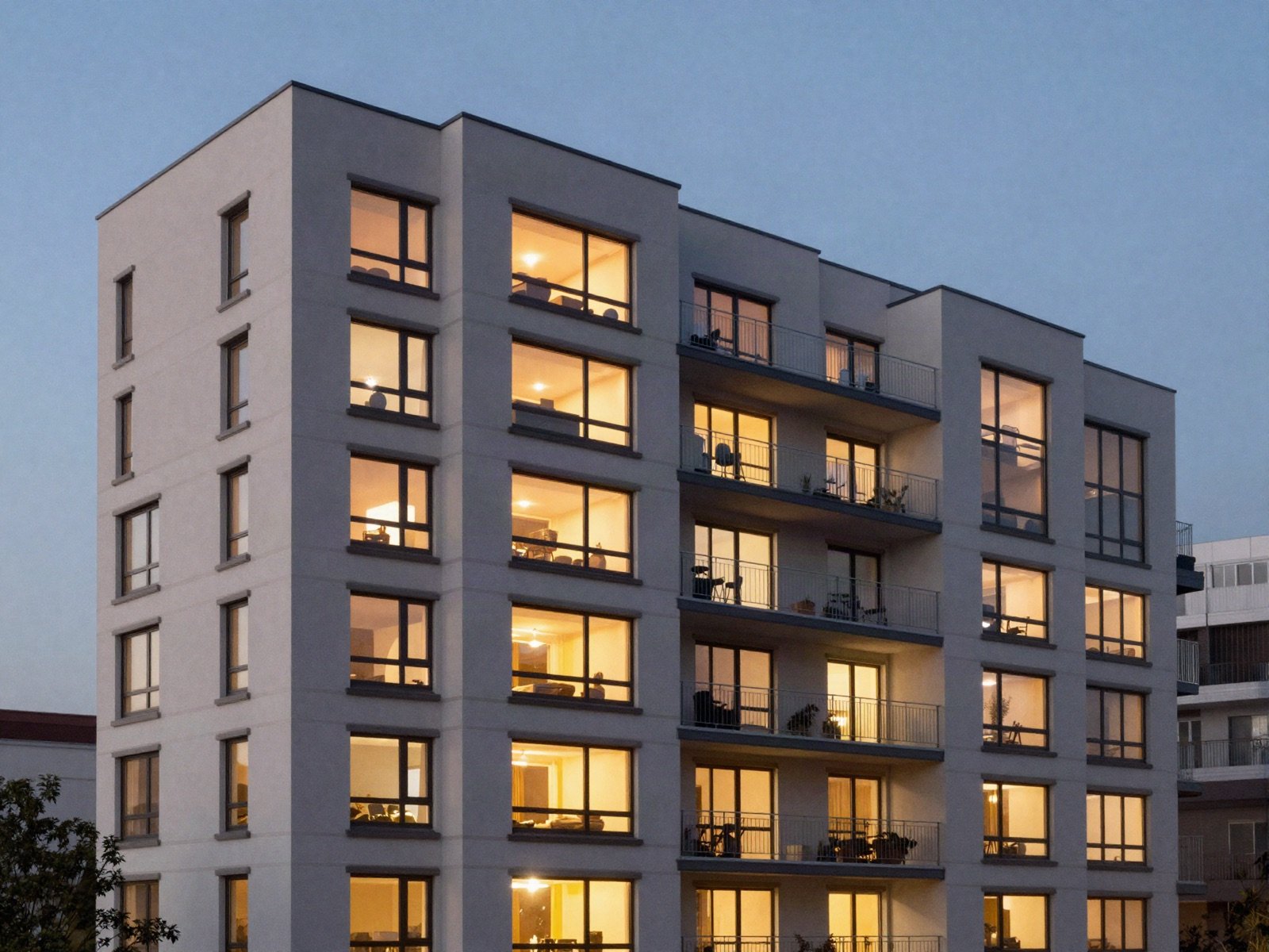 A modern apartment block with warmly lit windows at dusk