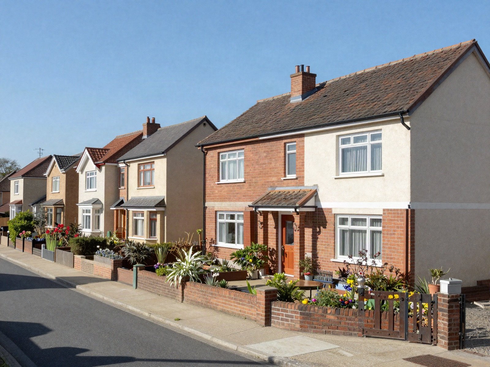 A row of detached family houses on a sunny street