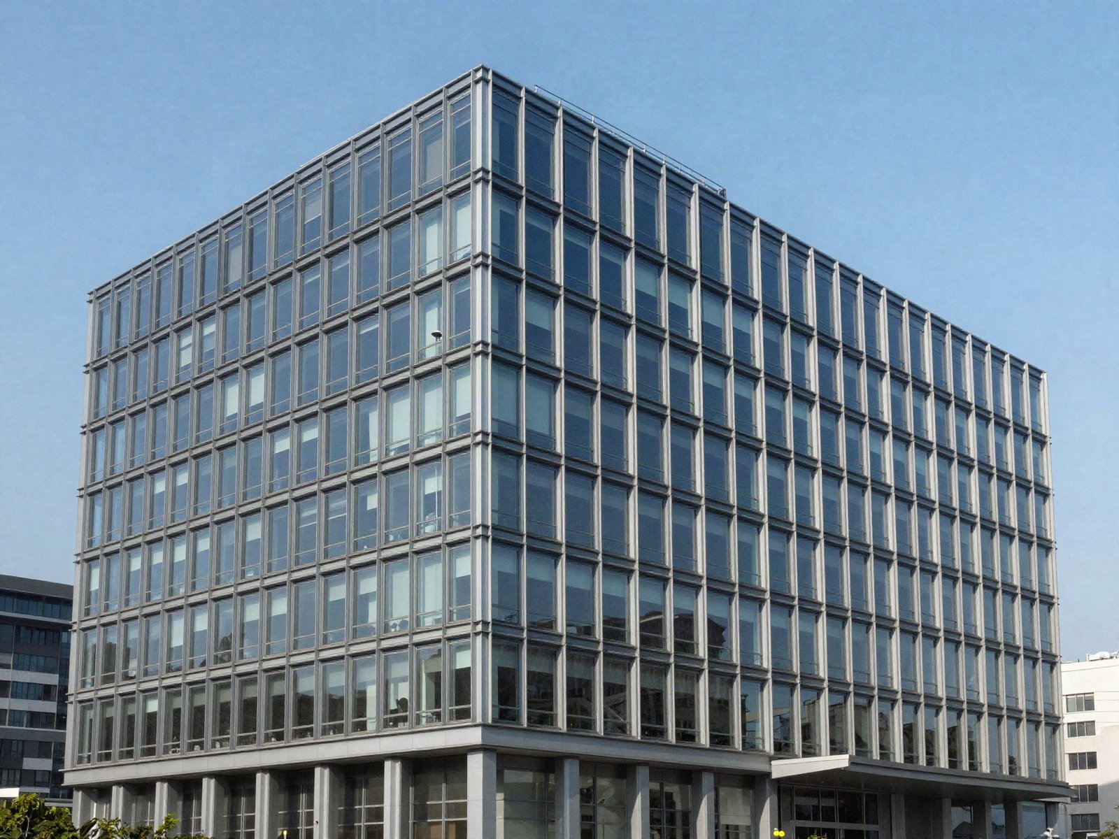 A glass and steel office building under a blue sky