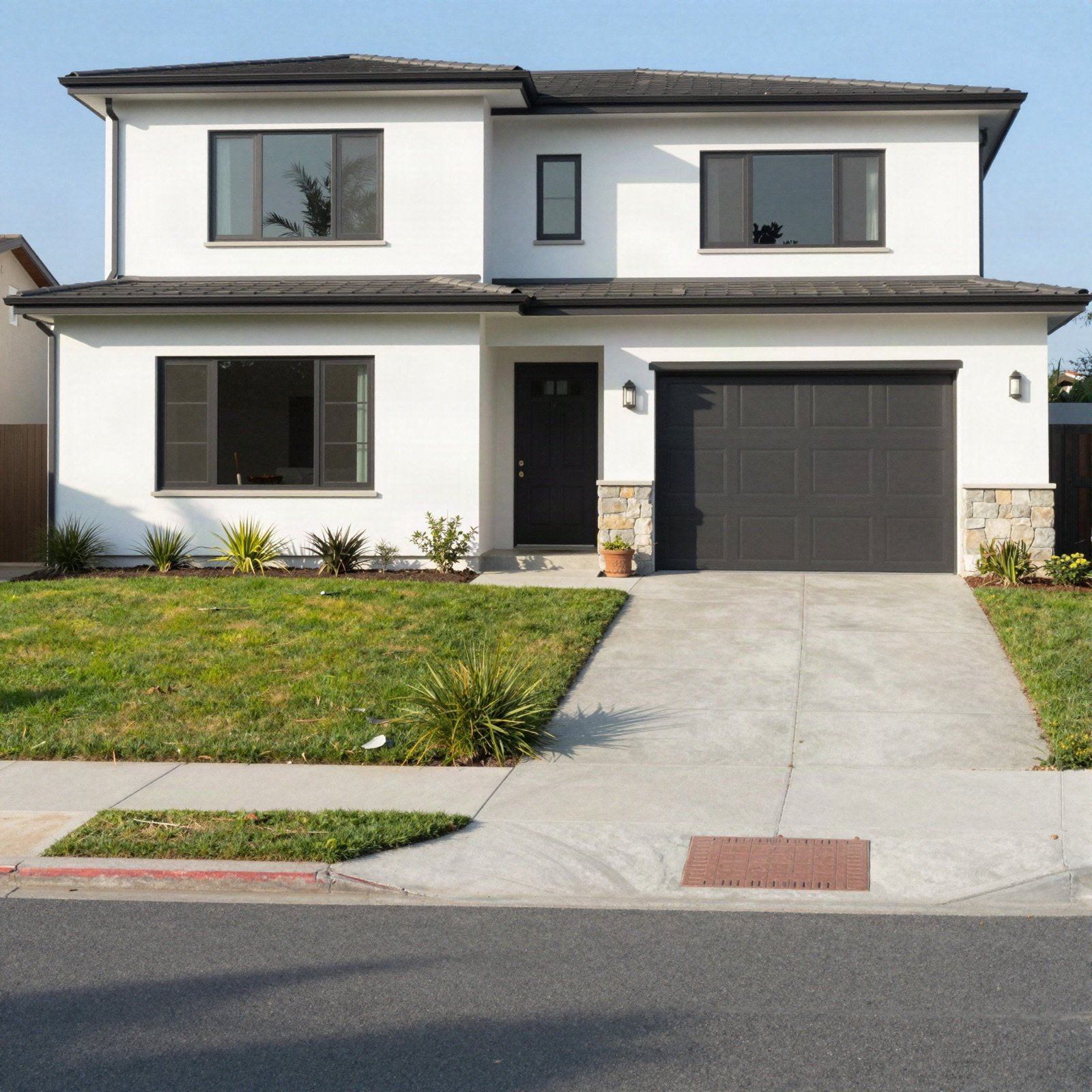 Modern two-storey white house with a front lawn and driveway