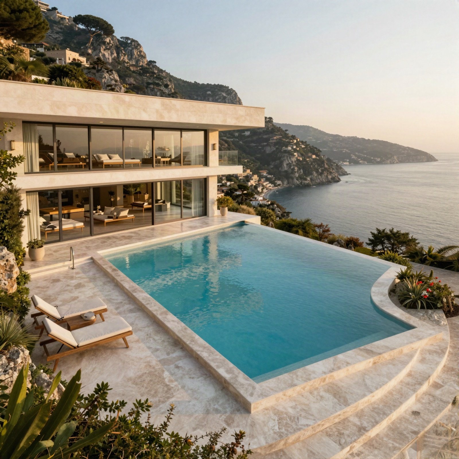Hillside villa with glass walls and an infinity pool above the sea