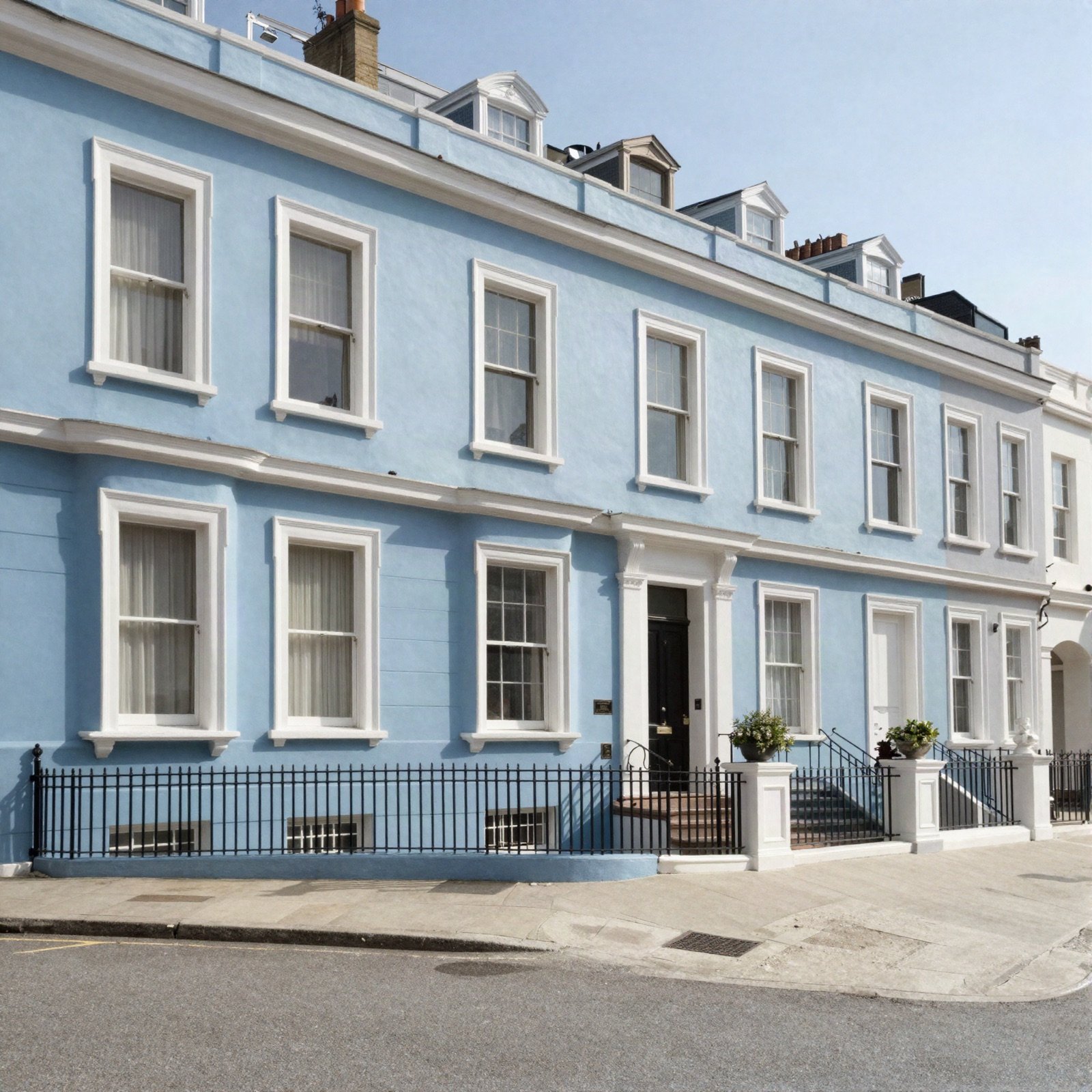 Pale blue terraced townhouse with white window trim