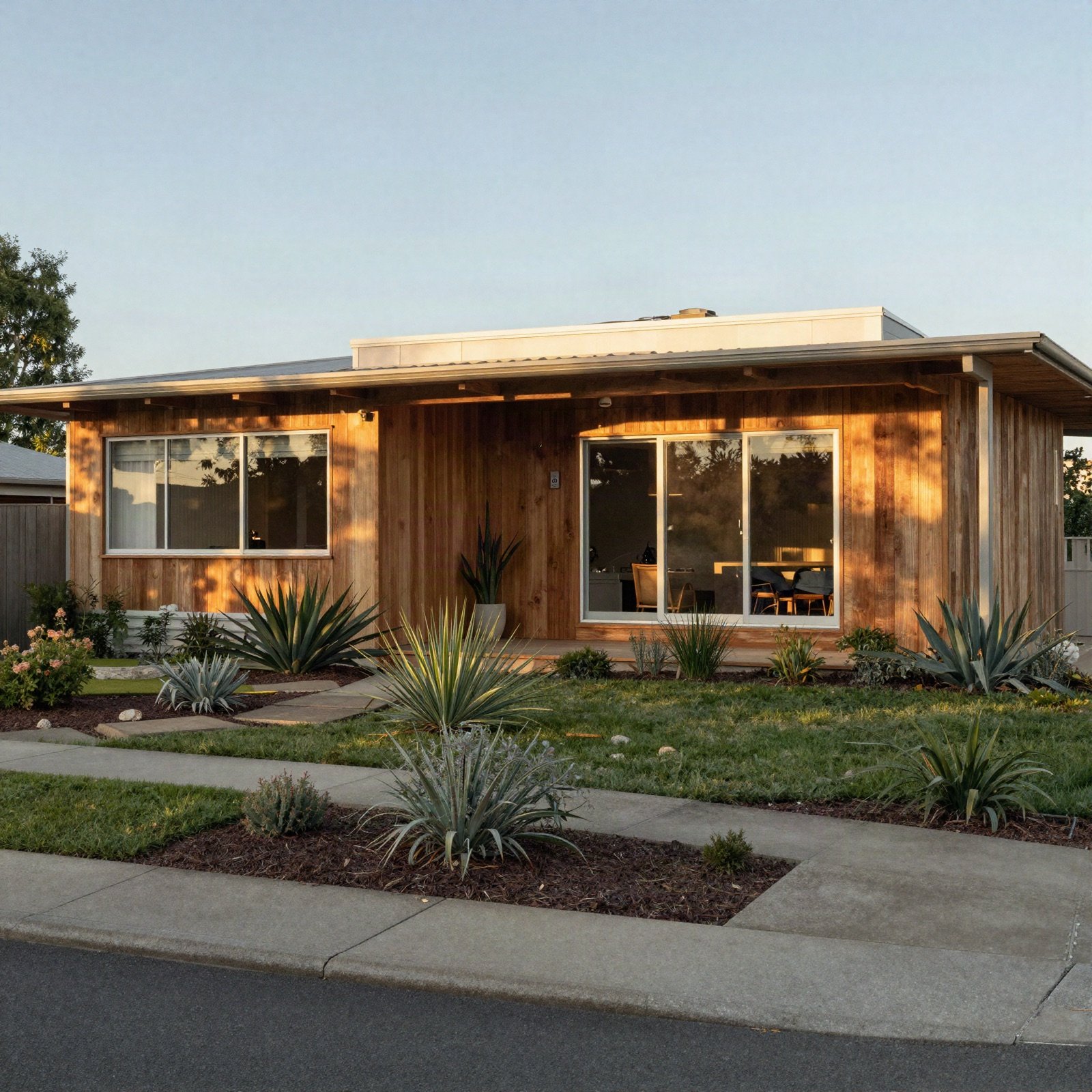 Mid-century single-storey home with wood cladding and a dry garden