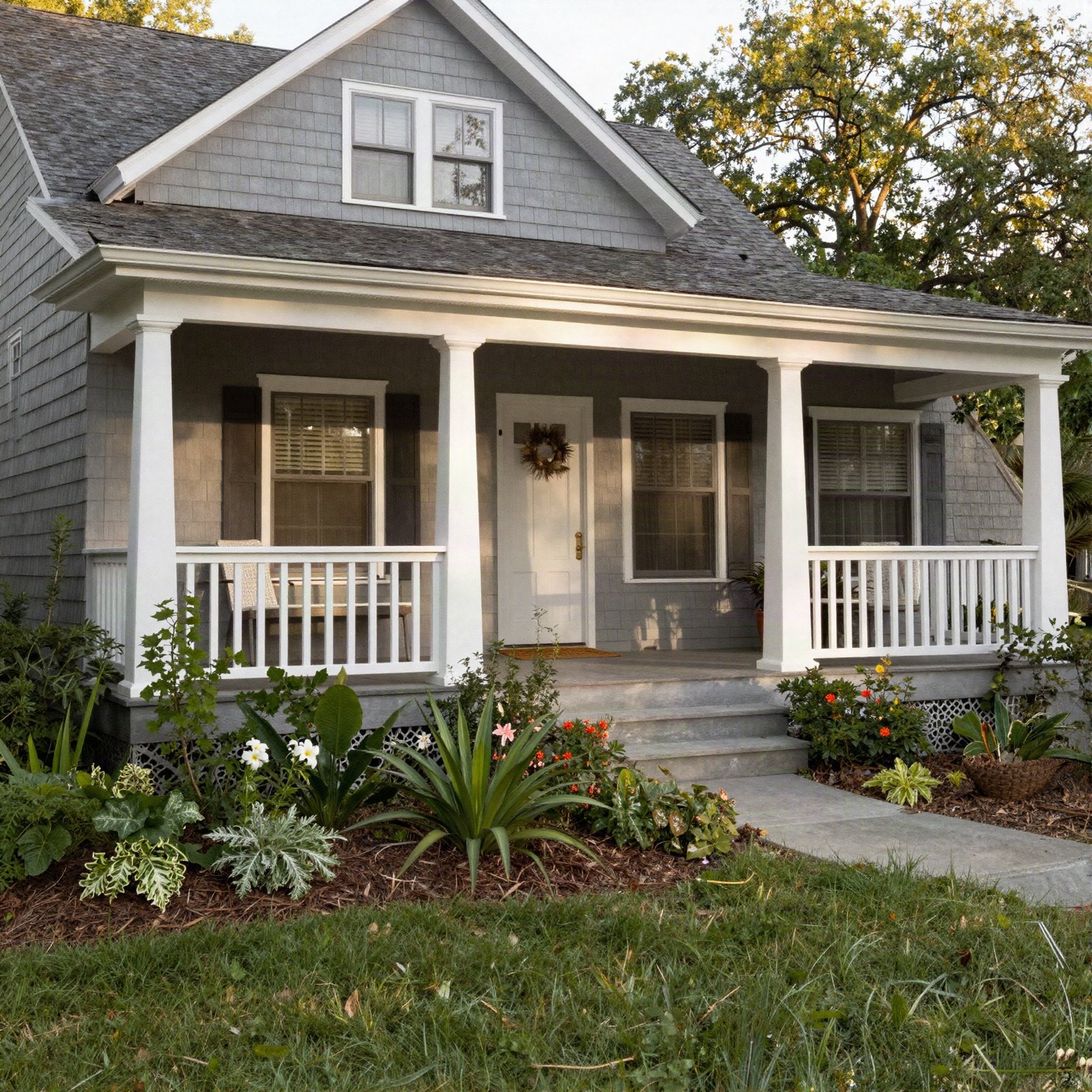 Grey shingle bungalow with a white columned front porch