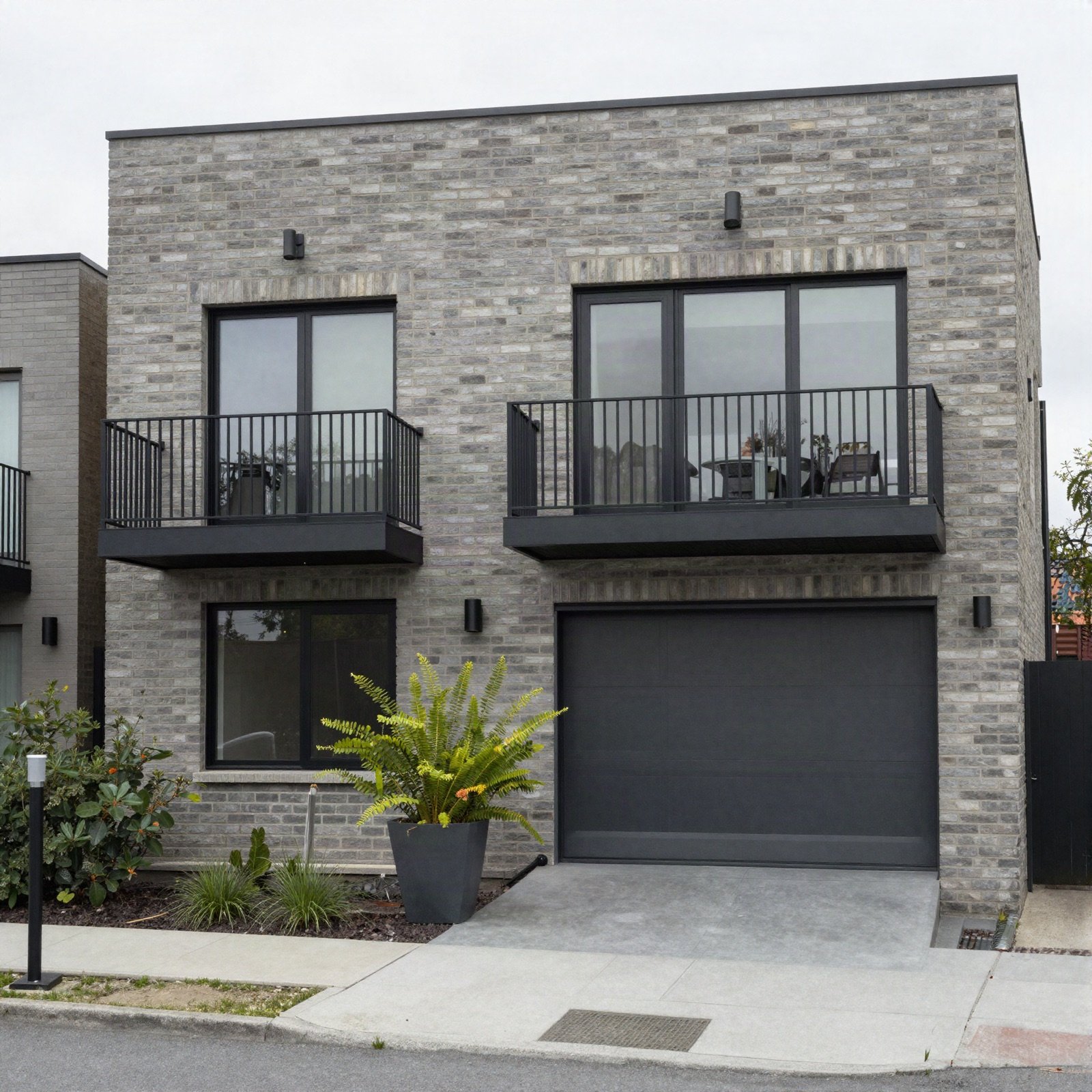 Grey brick townhouse with black steel balconies