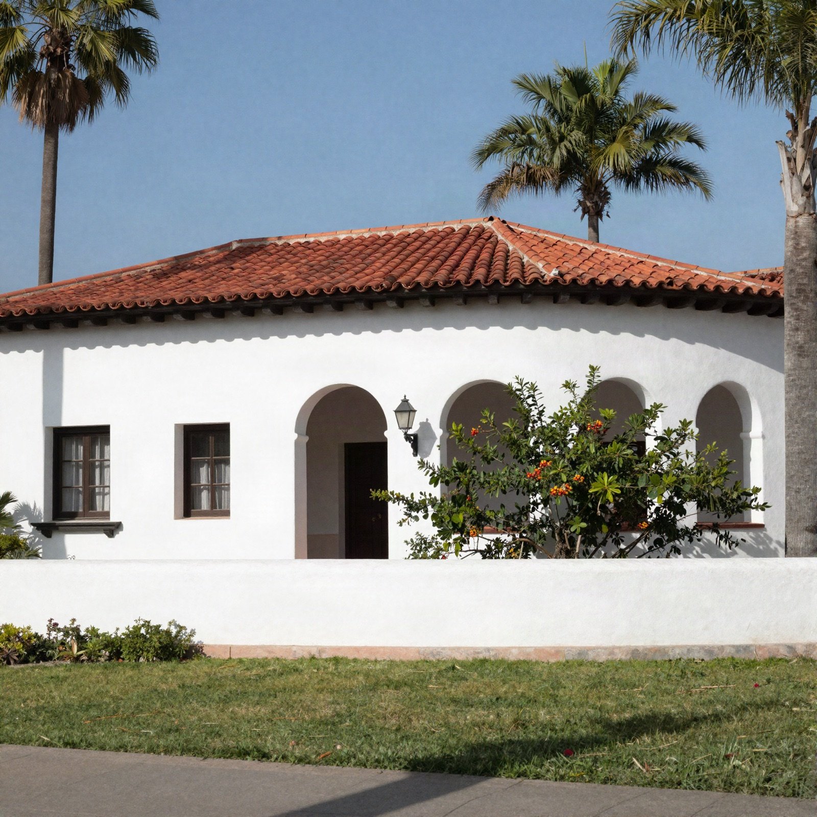 White stucco house with a red tile roof and arched porch