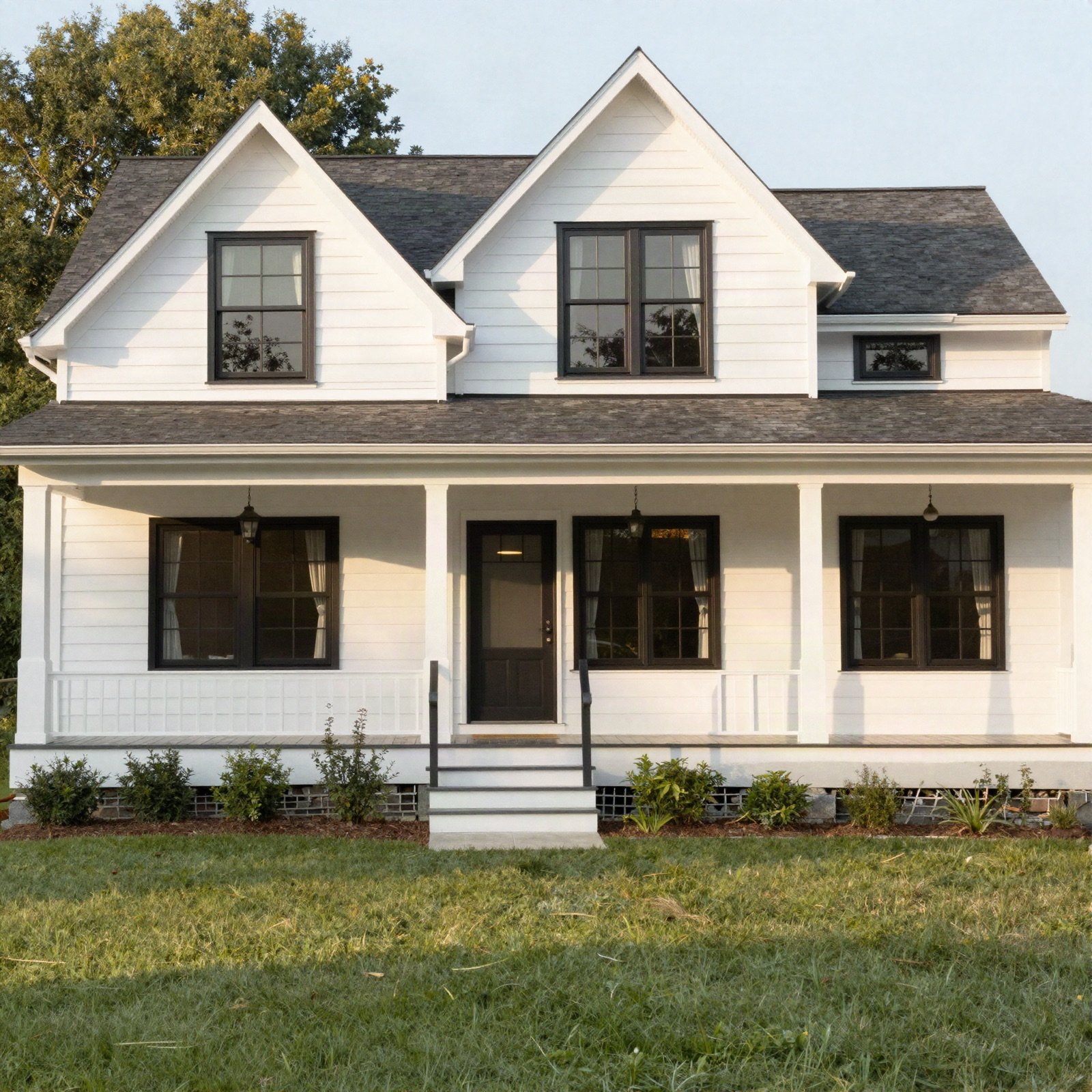 White farmhouse-style home with black windows and a front porch