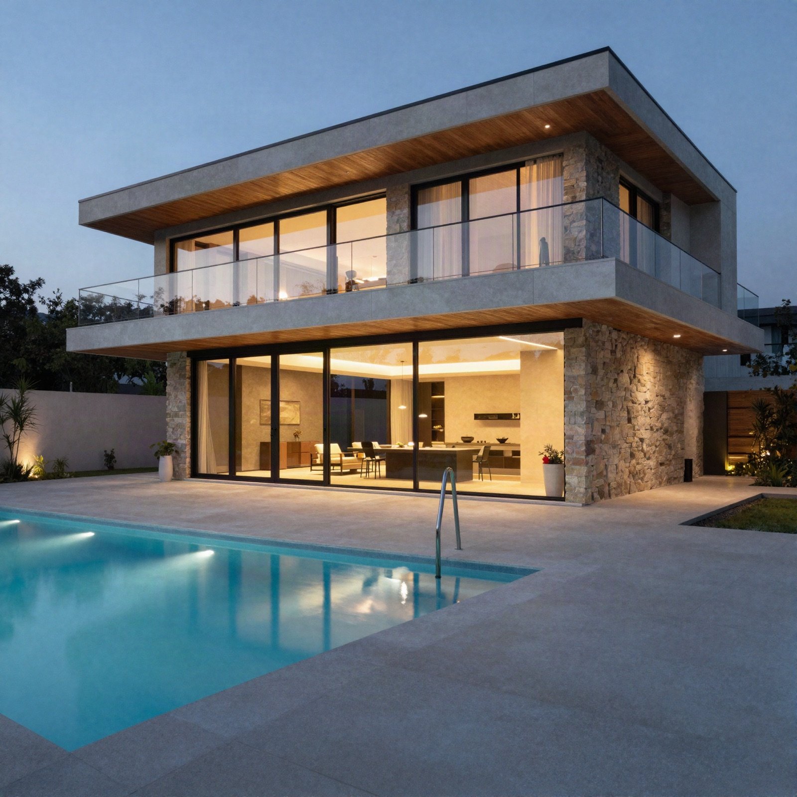Modern stone and glass house with a lit pool at dusk