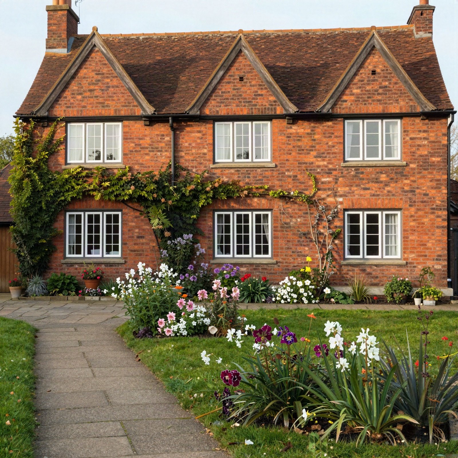Red brick family home with gables and a flowering front garden