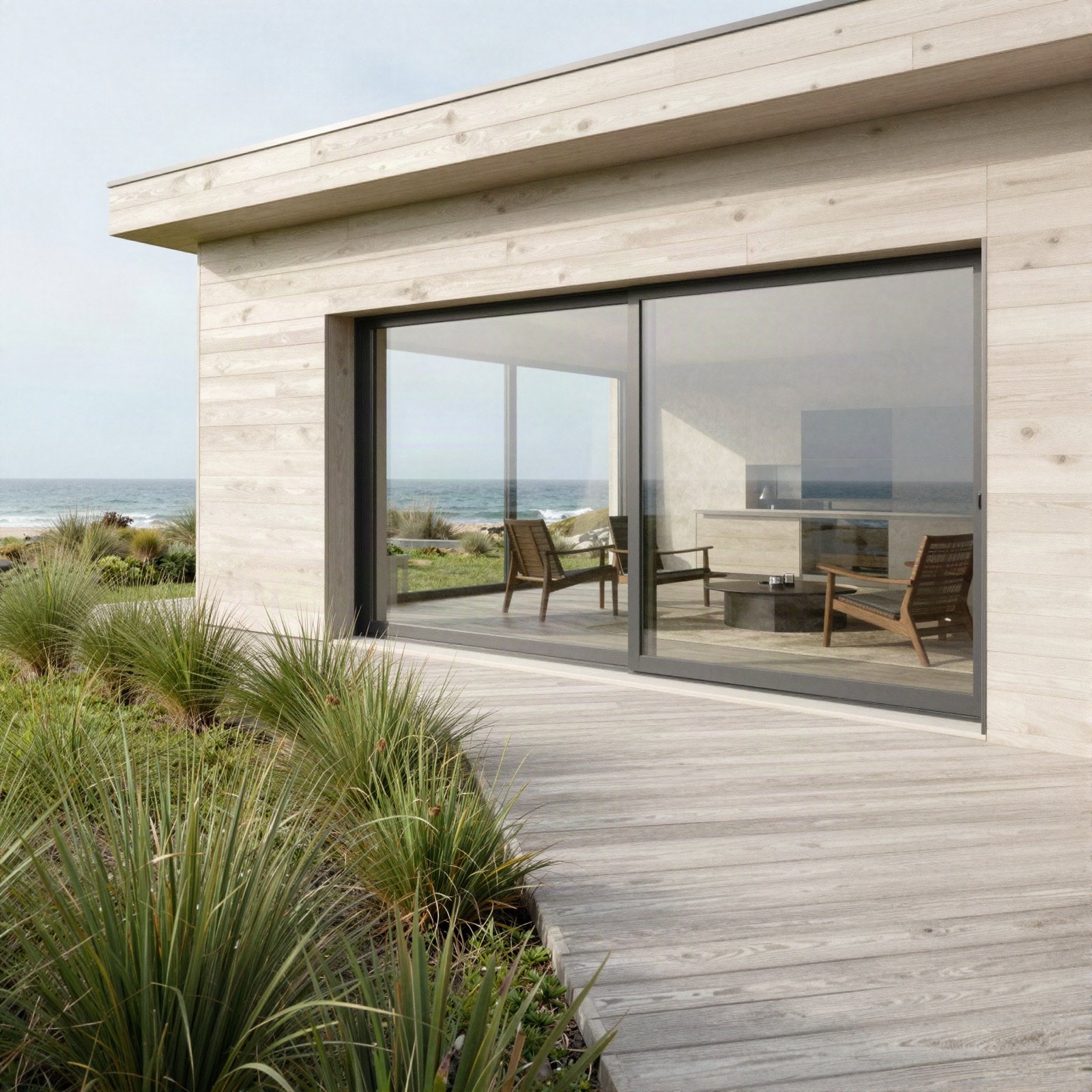 Timber-clad coastal home with glass sliding doors and a deck